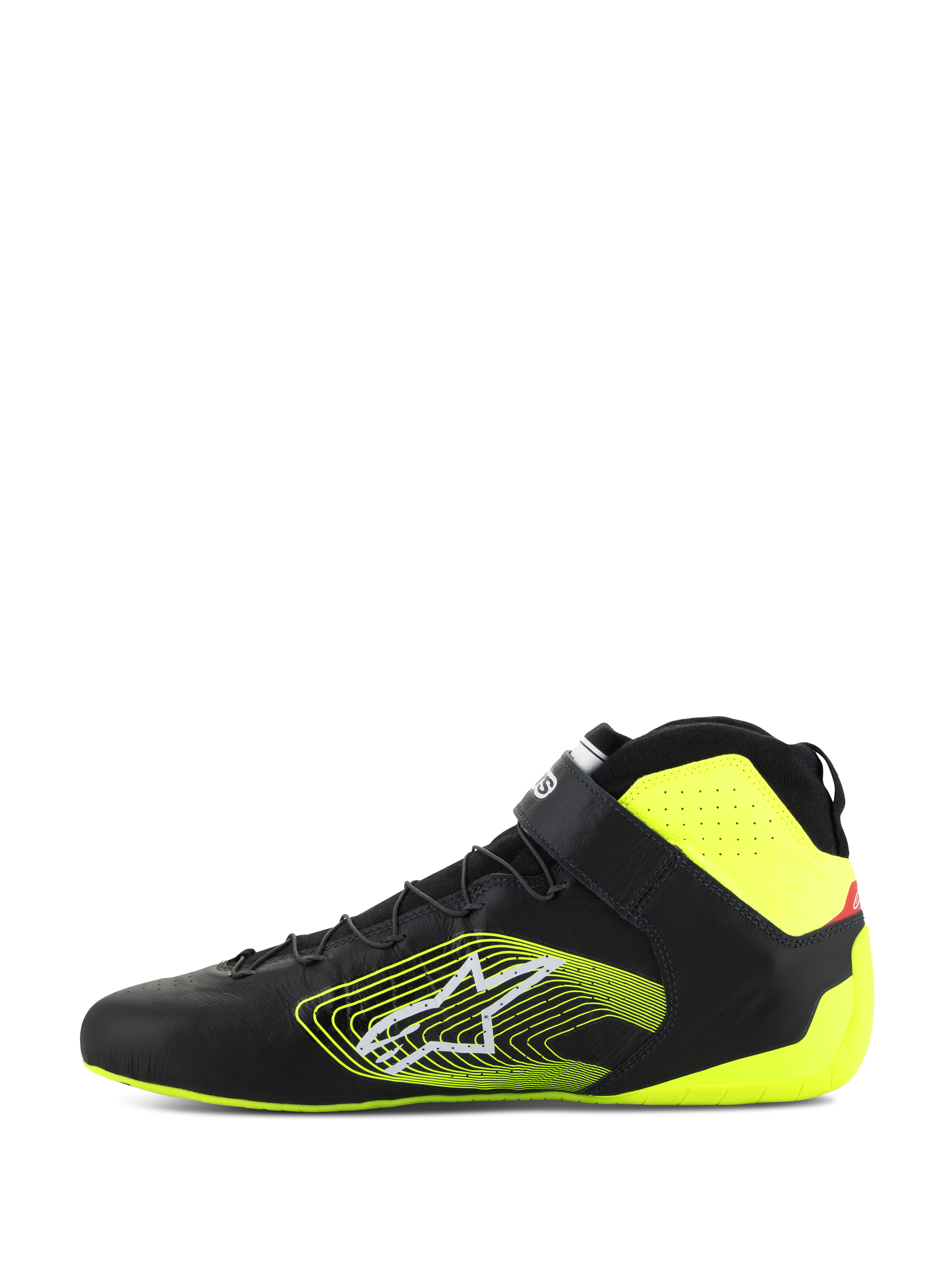 Alpinestars Tech-1 Z V3 Shoes FIA, chaussures de course automobile, noir et jaune fluo, vue de profil, tige en cuir premium avec laçage rapide et sangle de cheville, logo graphique jaune vif sur le côté, accents jaune fluo au talon et au col