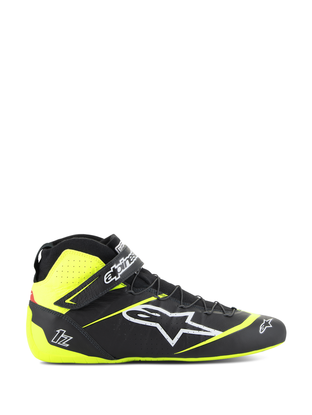 Alpinestars Tech-1 Z V3 Shoes FIA, chaussures de course automobile, noir et jaune fluo, profil latéral de chaussures de sport automobile montantes, logo étoile blanche, design perforé pour la respirabilité, sangle de cheville réglable, semelle fine en caoutchouc