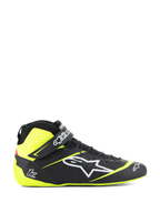 Alpinestars Tech-1 Z V3 Shoes FIA, chaussures de course automobile, noir et jaune fluo, profil latéral de chaussures de sport automobile montantes, logo étoile blanche, design perforé pour la respirabilité, sangle de cheville réglable, semelle fine en caoutchouc