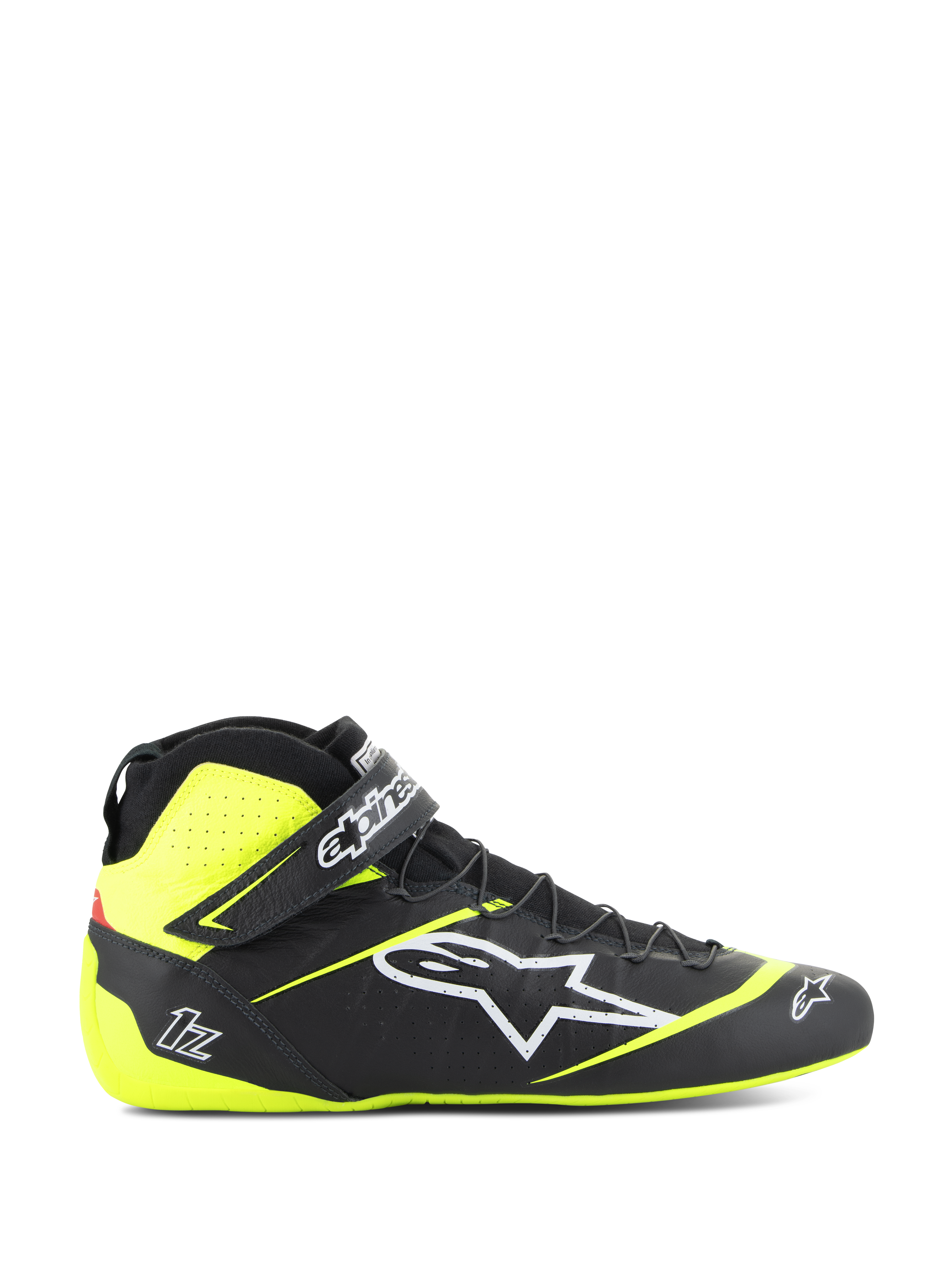 Alpinestars Tech-1 Z V3 Shoes FIA, autosport schoenen, zwart en fluorgeel, zijprofiel van hoge motorsportschoenen, wit sterlogo, geperforeerd ontwerp voor ademend vermogen, verstelbare enkelband, dunne rubberen zool.