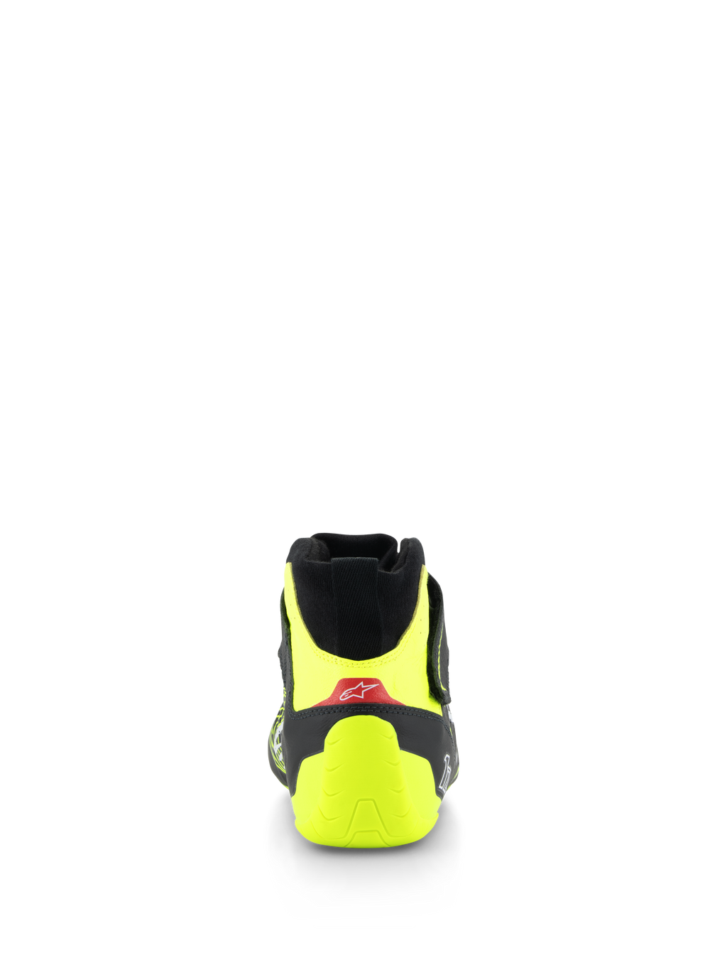 Chaussures Alpinestars Tech-1 Z V3 FIA, chaussures de course automobile, noir et jaune fluo, vue arrière montrant le contrefort de talon jaune fluo et l'accent rouge avec logo blanc, équipement professionnel de sport automobile
