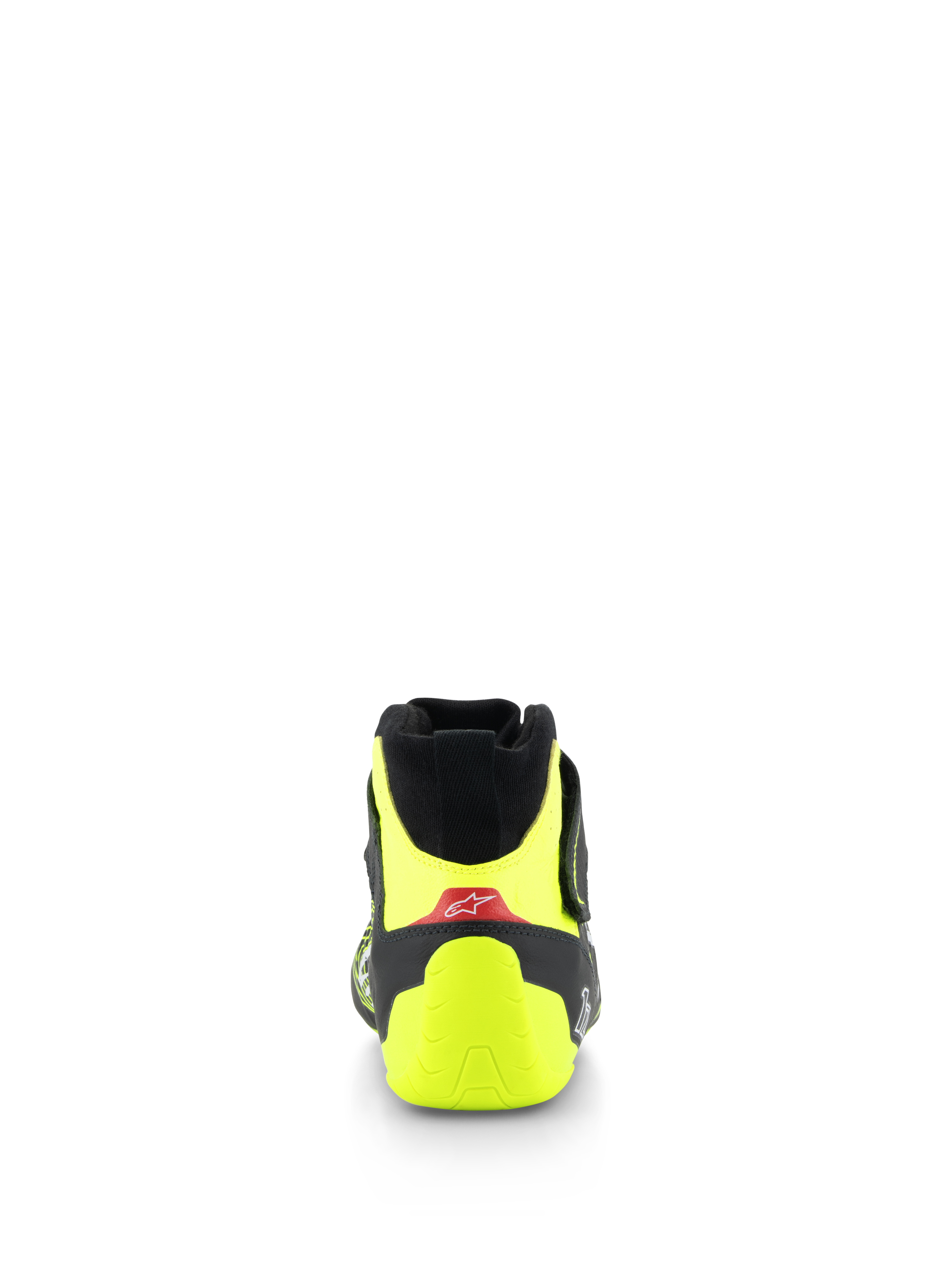 Chaussures Alpinestars Tech-1 Z V3 FIA, chaussures de course automobile, noir et jaune fluo, vue arrière montrant le contrefort de talon jaune fluo et l'accent rouge avec logo blanc, équipement professionnel de sport automobile