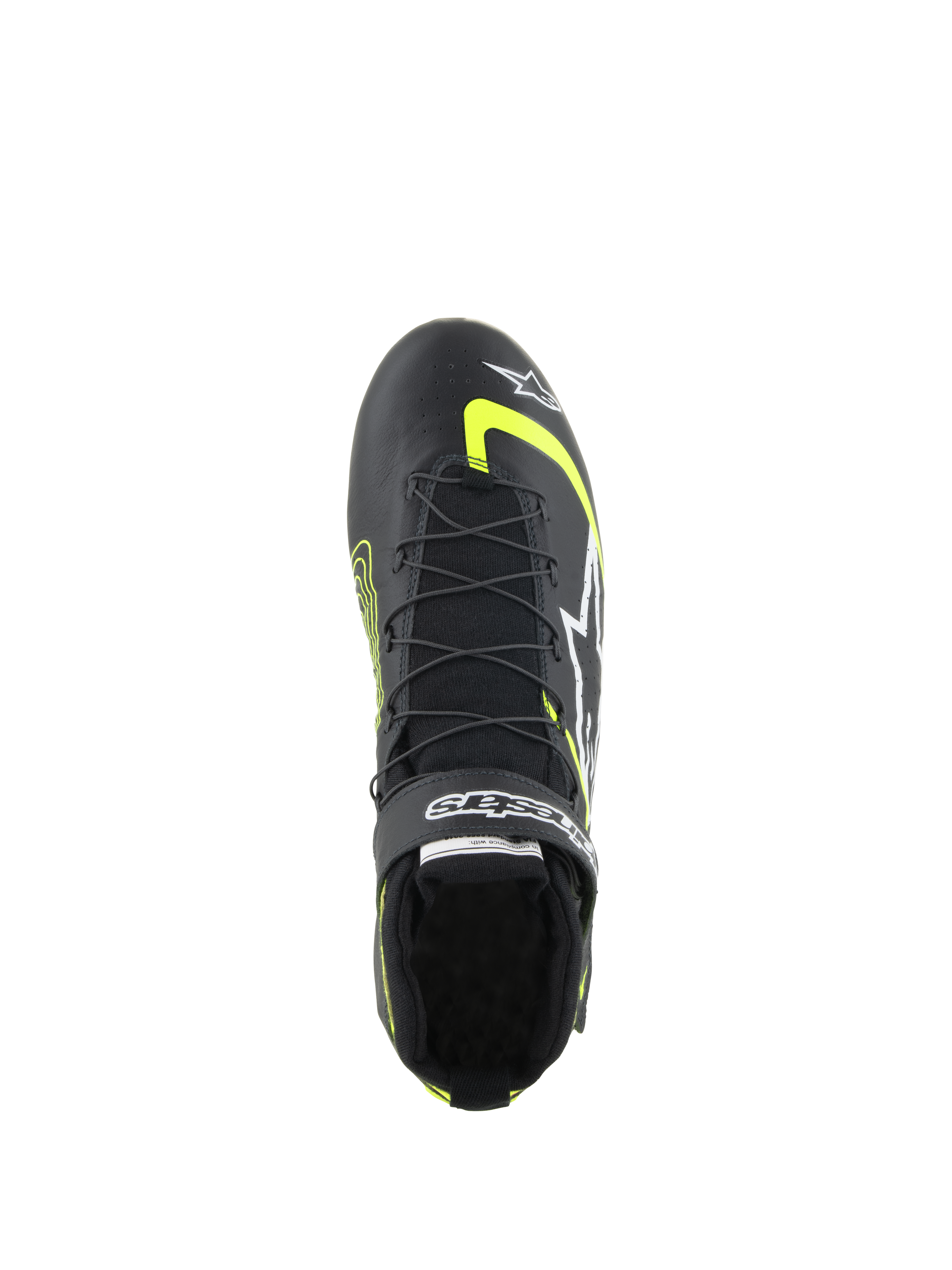 Chaussures Alpinestars Tech-1 Z V3 FIA, chaussures de course automobile, noir et jaune fluo, vue de dessus montrant le système de laçage rapide à double fermeture, sangle Velcro avec logo et construction en cuir de qualité supérieure pour le sport automobile professionnel.