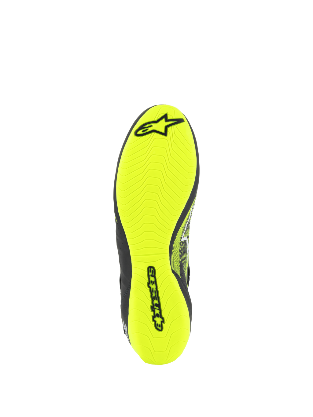 Chaussures Alpinestars Tech-1 Z V3 FIA, chaussures de course automobile, vue de la semelle extérieure en Jaune Fluo, avec motif de bande de roulement asymétrique et logo Alpinestars noir, semelle fine en caoutchouc pour une sensibilité maximale aux pédales et une adhérence optimale