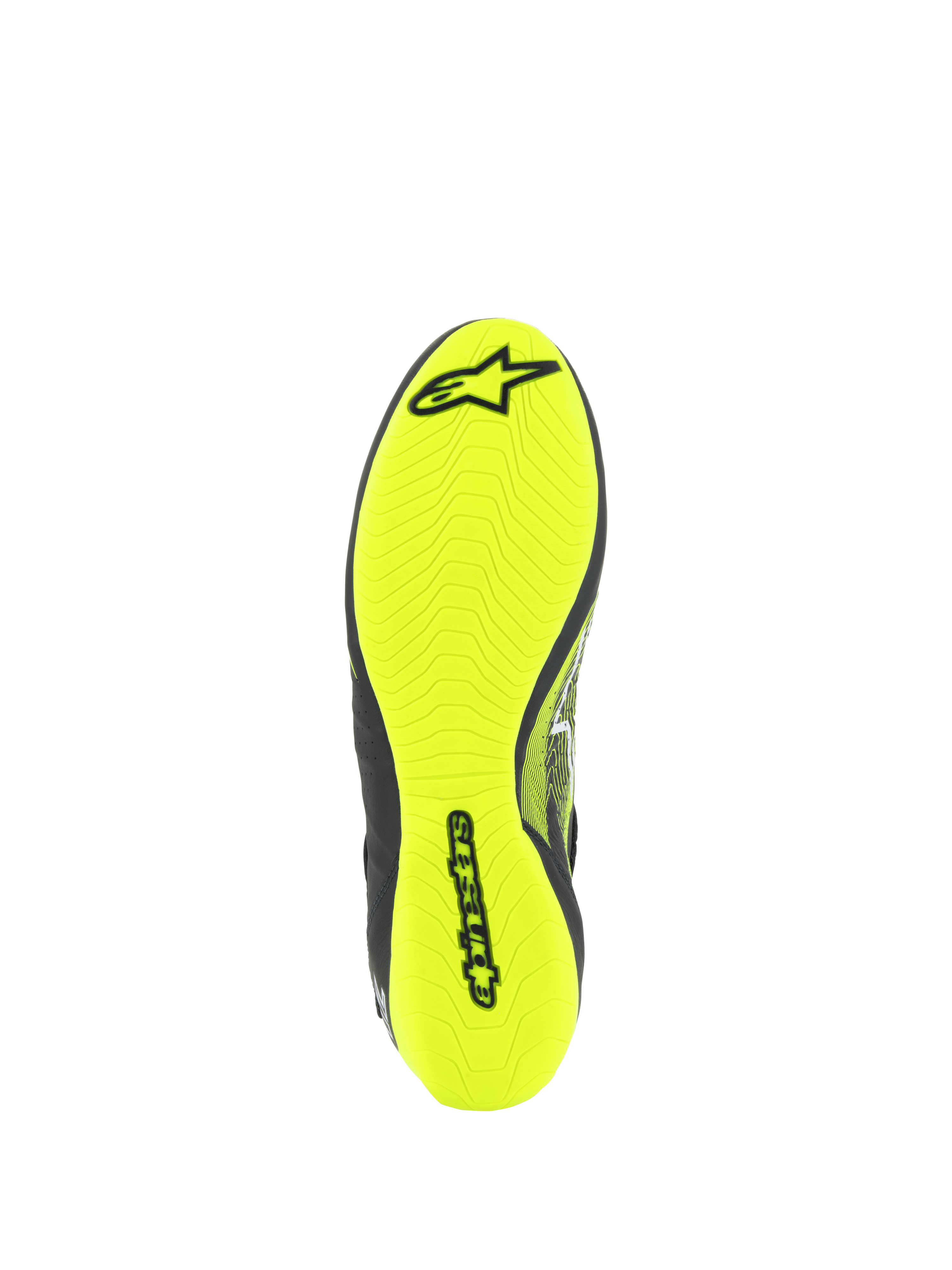 Chaussures Alpinestars Tech-1 Z V3 FIA, chaussures de course automobile, vue de la semelle extérieure en Jaune Fluo, avec motif de bande de roulement asymétrique et logo Alpinestars noir, semelle fine en caoutchouc pour une sensibilité maximale aux pédales et une adhérence optimale