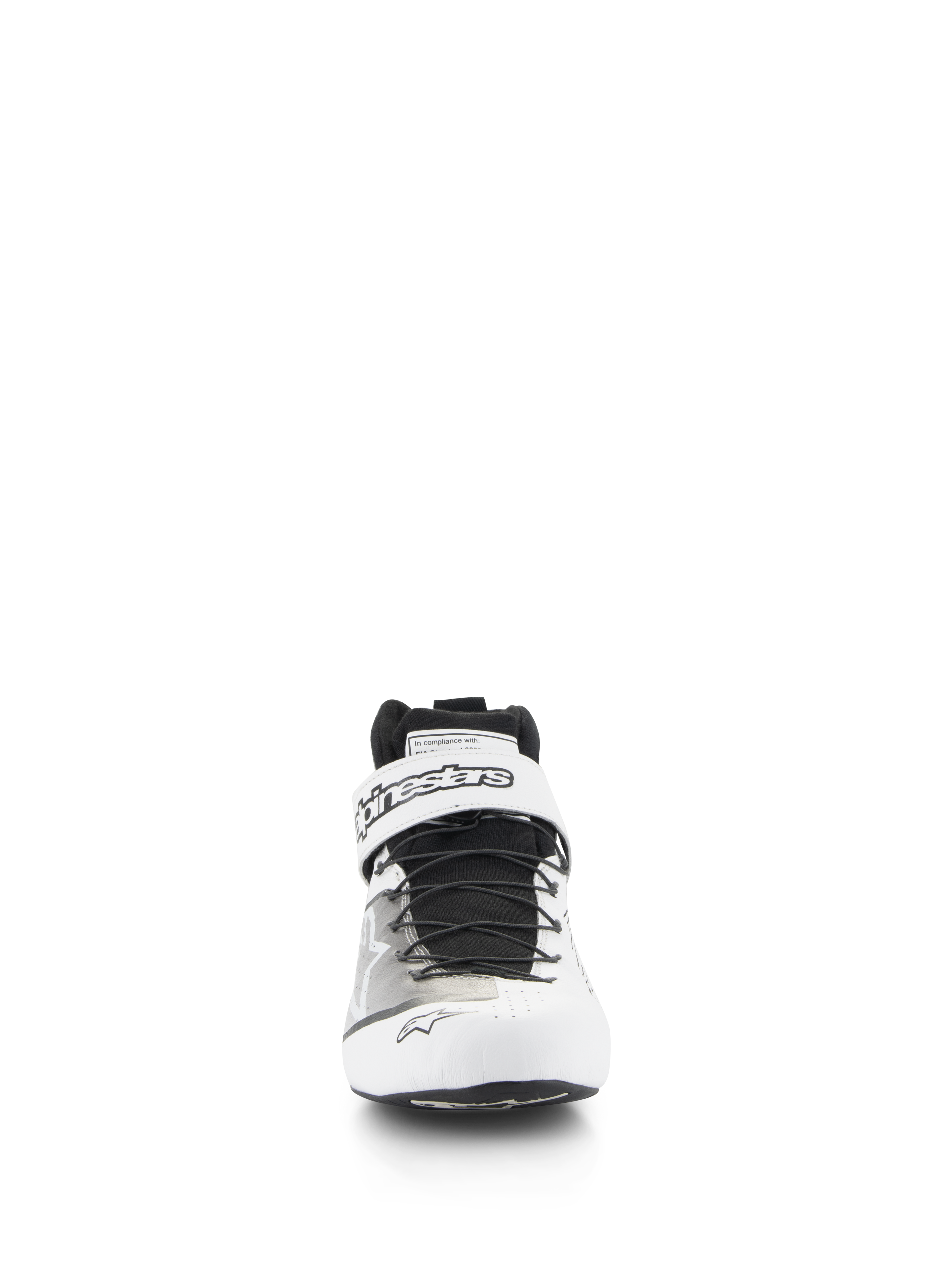Chaussures Alpinestars Tech-1 Z V3 FIA, chaussures de course automobile professionnelles, blanc et noir, vue de face montrant le système de laçage rapide et la sangle Velcro supérieure avec le logo Alpinestars, tige en cuir perforé pour la respirabilité.