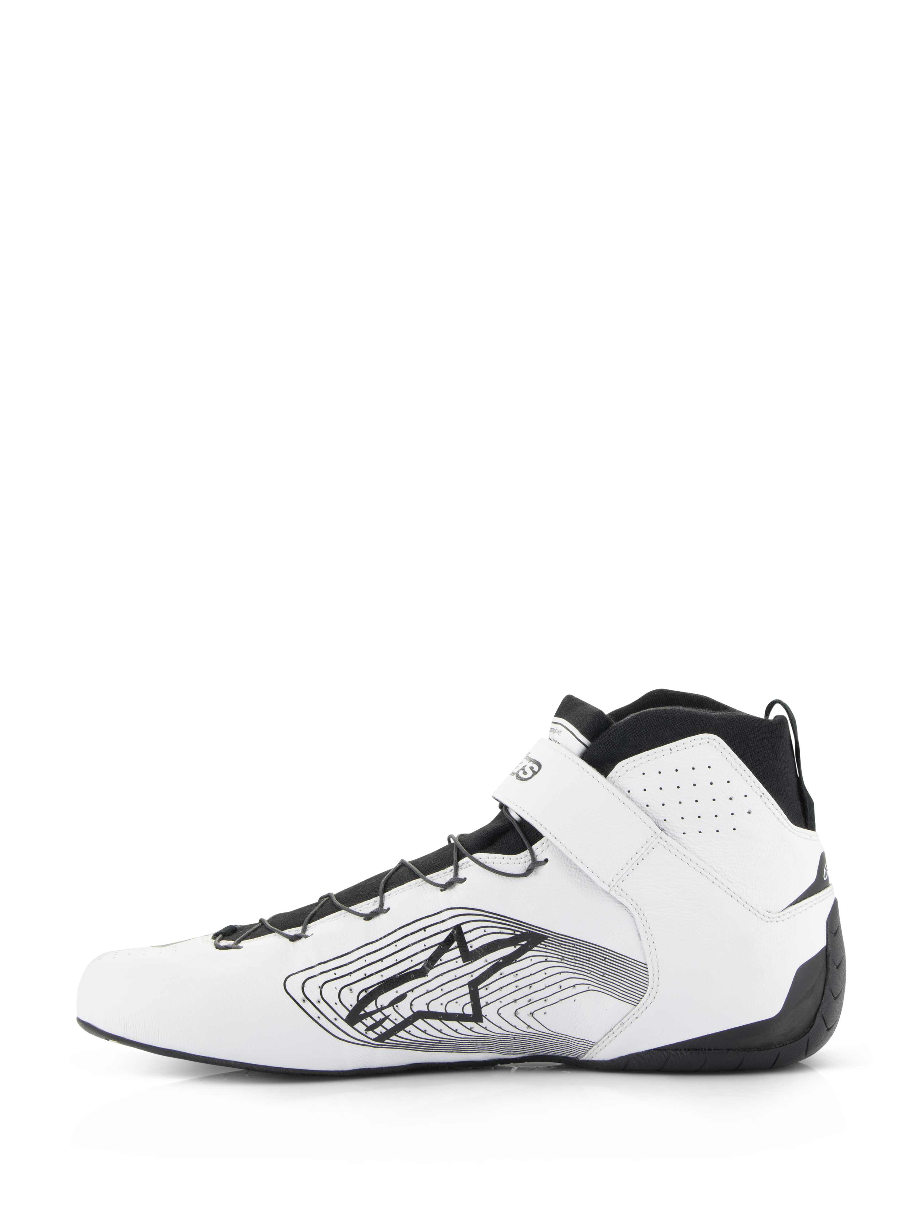 Alpinestars Tech-1 Z V3 Shoes FIA, chaussures de course automobile, blanc et noir, profil latéral d'une chaussure de course en cuir premium avec laçage rapide noir, sangle de cheville blanche et logo étoilé Alpinestars avec graphisme linéaire sur le côté