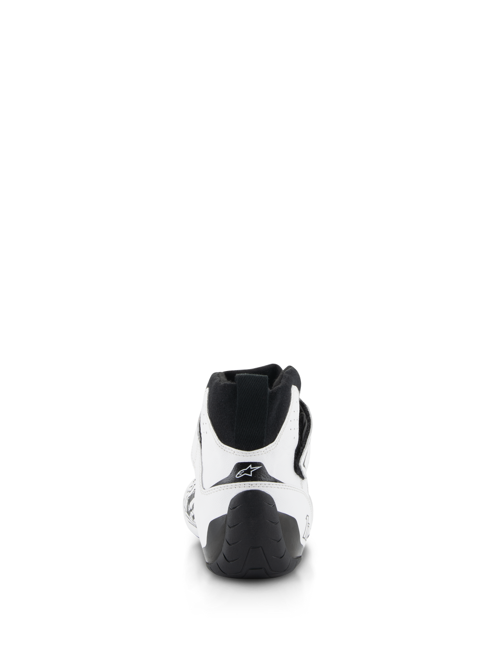 Chaussures Alpinestars Tech-1 Z V3 FIA, chaussures de course automobile, blanc et noir, vue arrière avec tirette noire au talon, semelle en caoutchouc texturé et tige en cuir de bovin blanc avec logo étoile Alpinestars