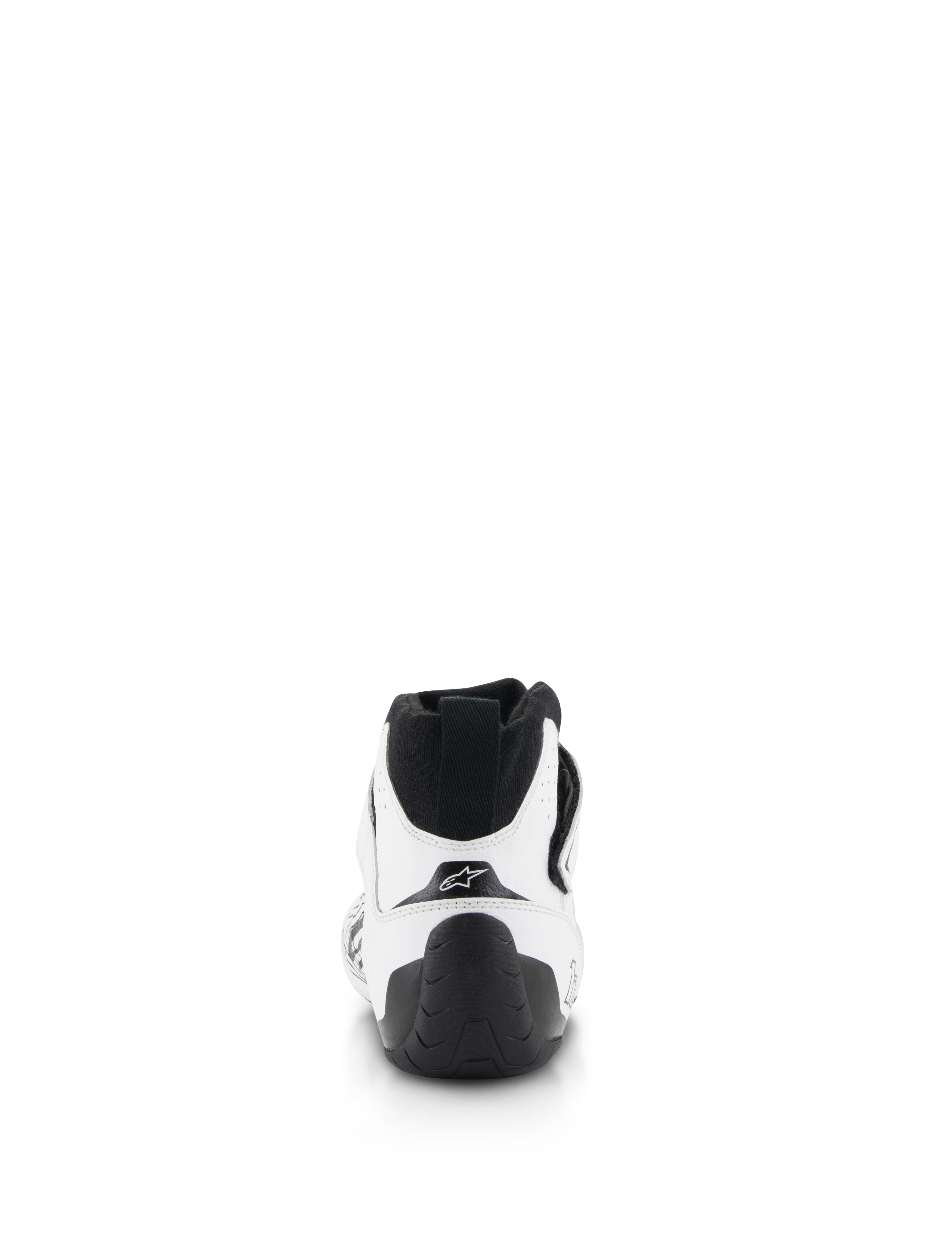 Chaussures Alpinestars Tech-1 Z V3 FIA, chaussures de course automobile, blanc et noir, vue arrière avec tirette noire au talon, semelle en caoutchouc texturé et tige en cuir de bovin blanc avec logo étoile Alpinestars
