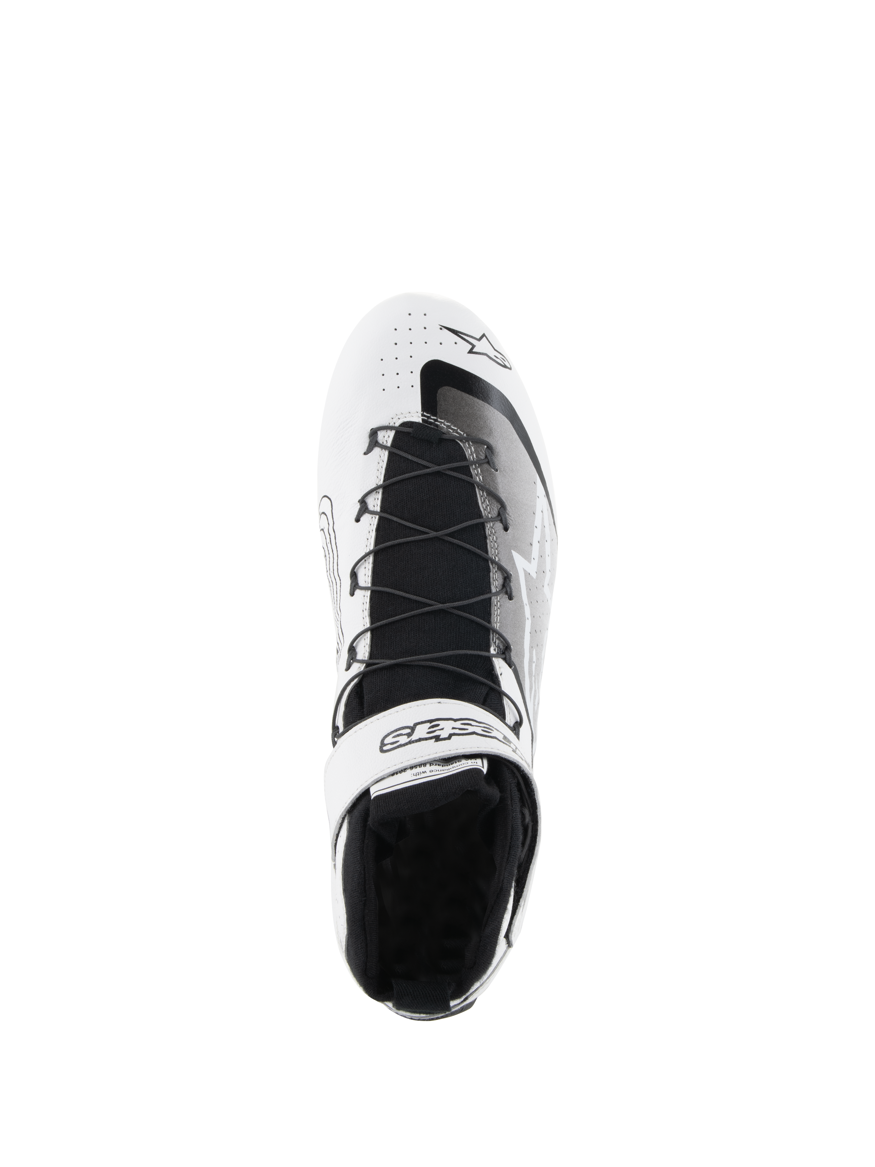 Chaussures Alpinestars Tech-1 Z V3 FIA, chaussures de course automobile, blanc et noir, vue de dessus montrant le système de laçage rapide, sangle de cheville en velcro avec logo, languette en tricot noir et tige en cuir perforé pour la performance en course automobile
