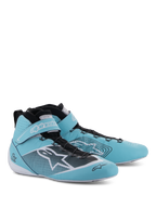 Chaussures Alpinestars Tech-1 Z V3 FIA, chaussures de course automobile, sarcelle clair, blanc et noir, conception montante avec sangle de cheville en velcro, dotées d'un logo Alpinestars proéminent et de détails en cuir perforé pour la performance