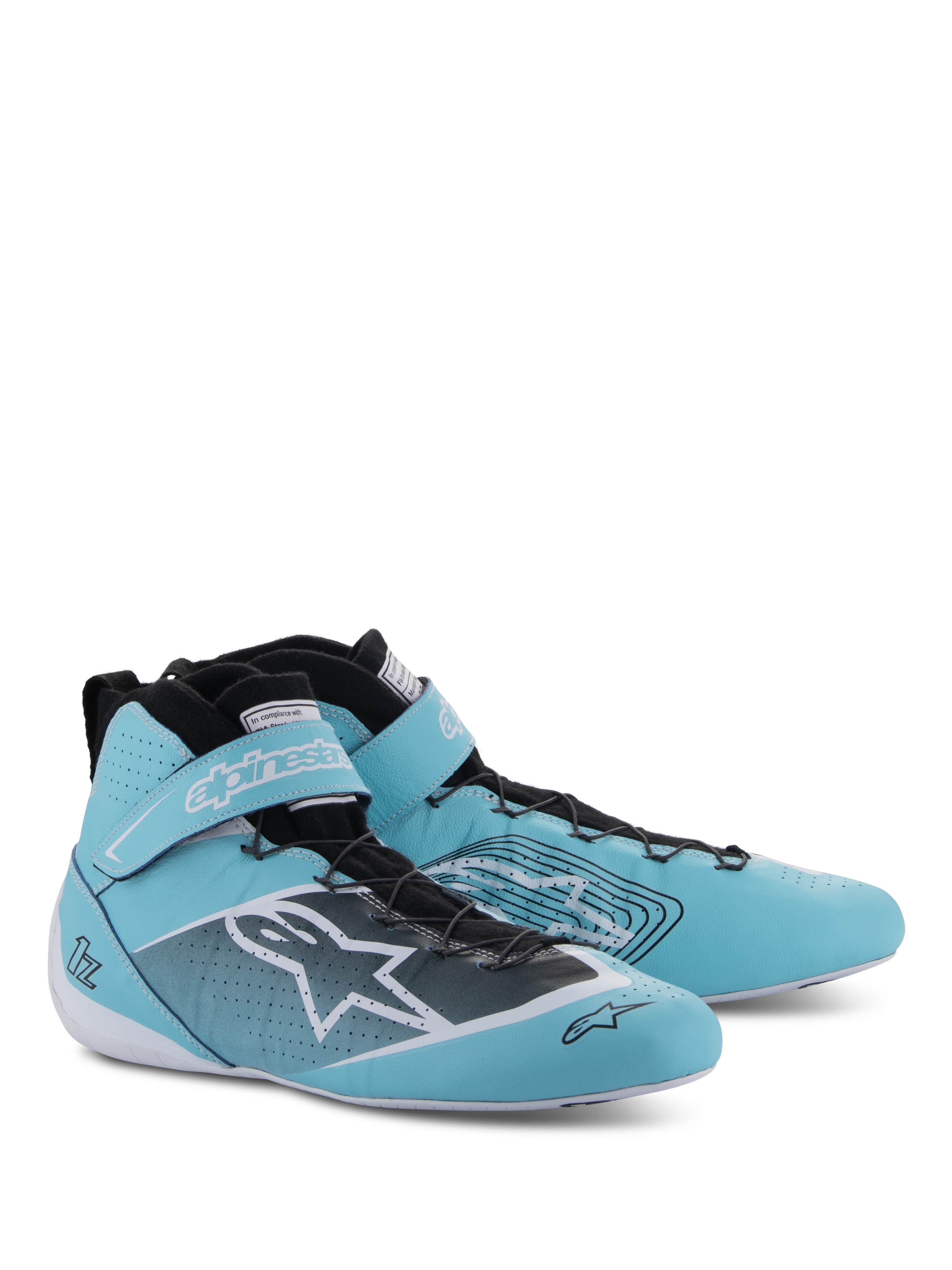 Chaussures Alpinestars Tech-1 Z V3 FIA, chaussures de course automobile, sarcelle clair, blanc et noir, conception montante avec sangle de cheville en velcro, dotées d'un logo Alpinestars proéminent et de détails en cuir perforé pour la performance