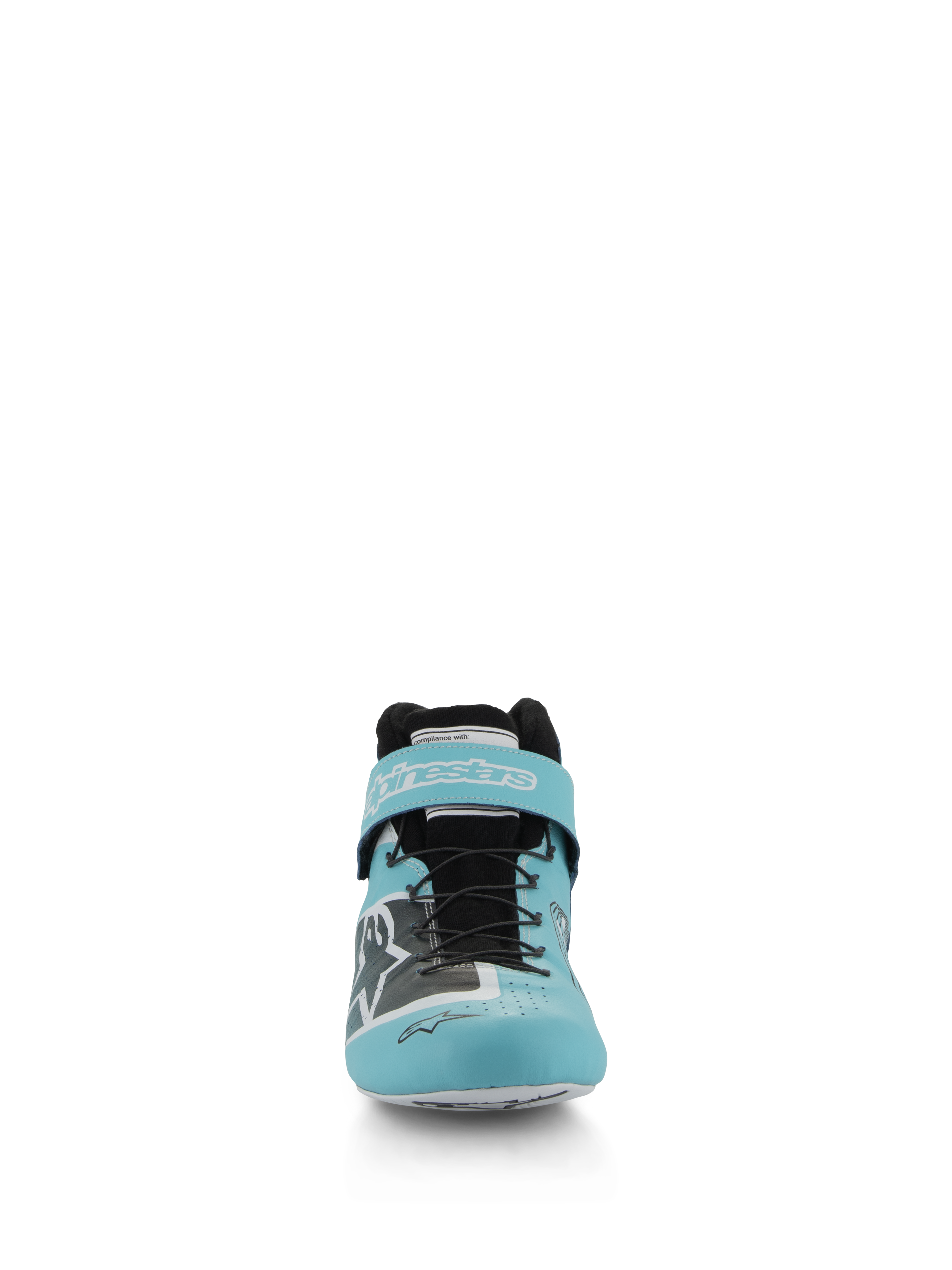 Chaussures Alpinestars Tech-1 Z V3 FIA, chaussures de course automobile, bleu sarcelle clair, blanc et noir, vue de face montrant la tige en cuir premium, le système de laçage rapide et la sangle de cheville à velcro avec logo