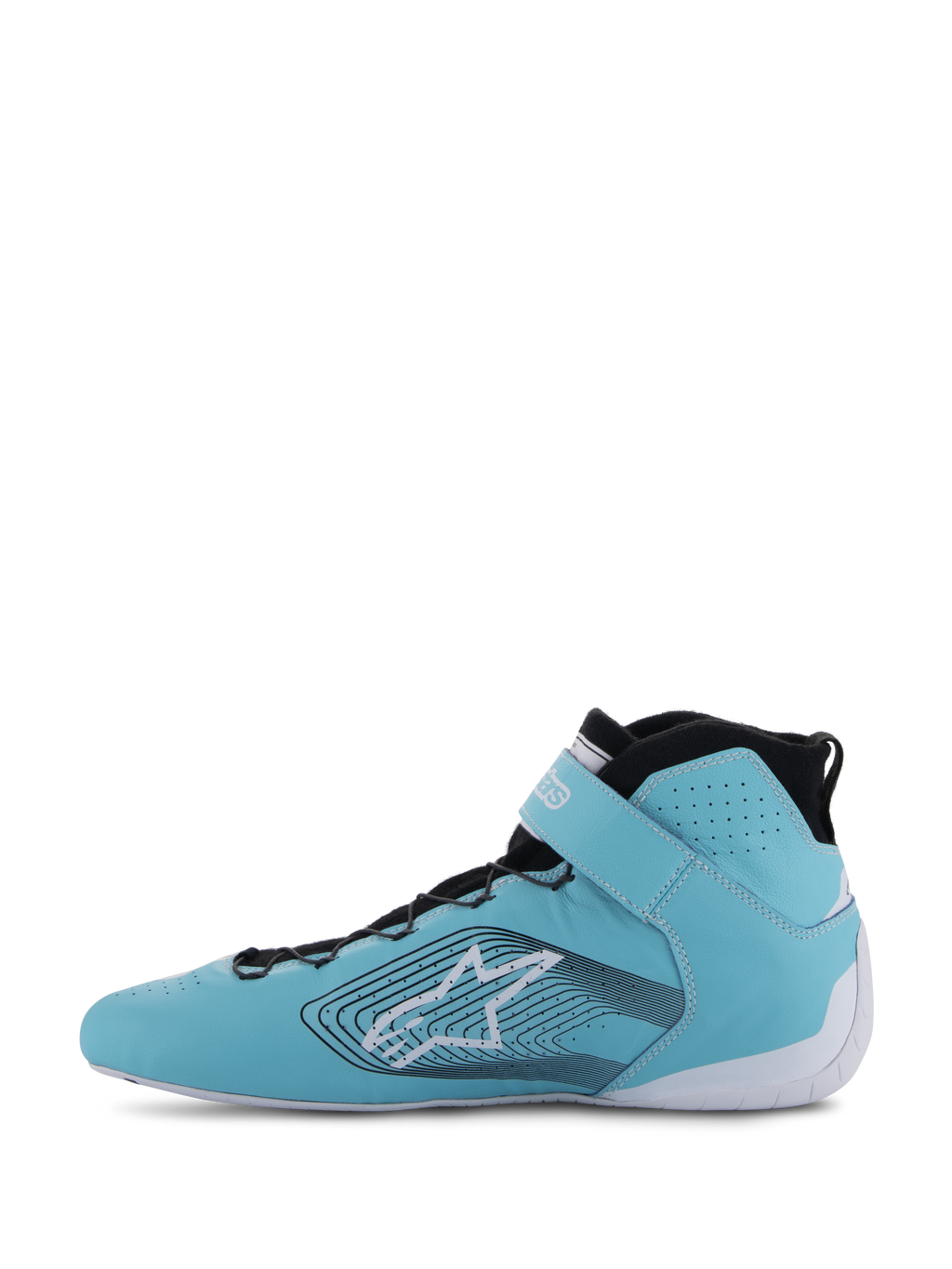 Chaussures Alpinestars Tech-1 Z V3 FIA, chaussures de course automobile, sarcelle clair, blanc et noir, vue de profil, cuir premium avec perforations, grand logo étoile avec des lignes graphiques ondulées, semelle blanche et col noir