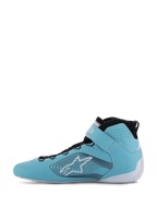 Chaussures Alpinestars Tech-1 Z V3 FIA, chaussures de course automobile, sarcelle clair, blanc et noir, vue de profil, cuir premium avec perforations, grand logo étoile avec des lignes graphiques ondulées, semelle blanche et col noir