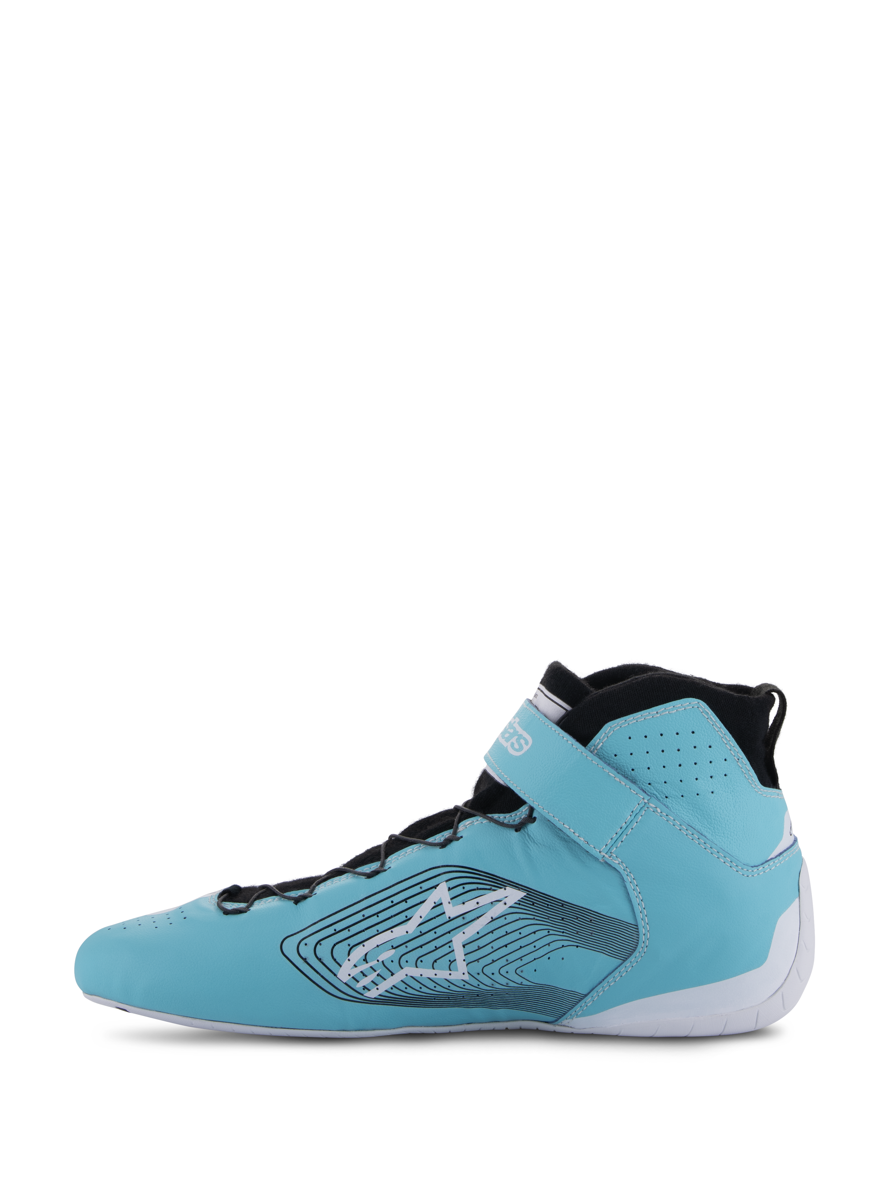 Chaussures Alpinestars Tech-1 Z V3 FIA, chaussures de course automobile, sarcelle clair, blanc et noir, vue de profil, cuir premium avec perforations, grand logo étoile avec des lignes graphiques ondulées, semelle blanche et col noir