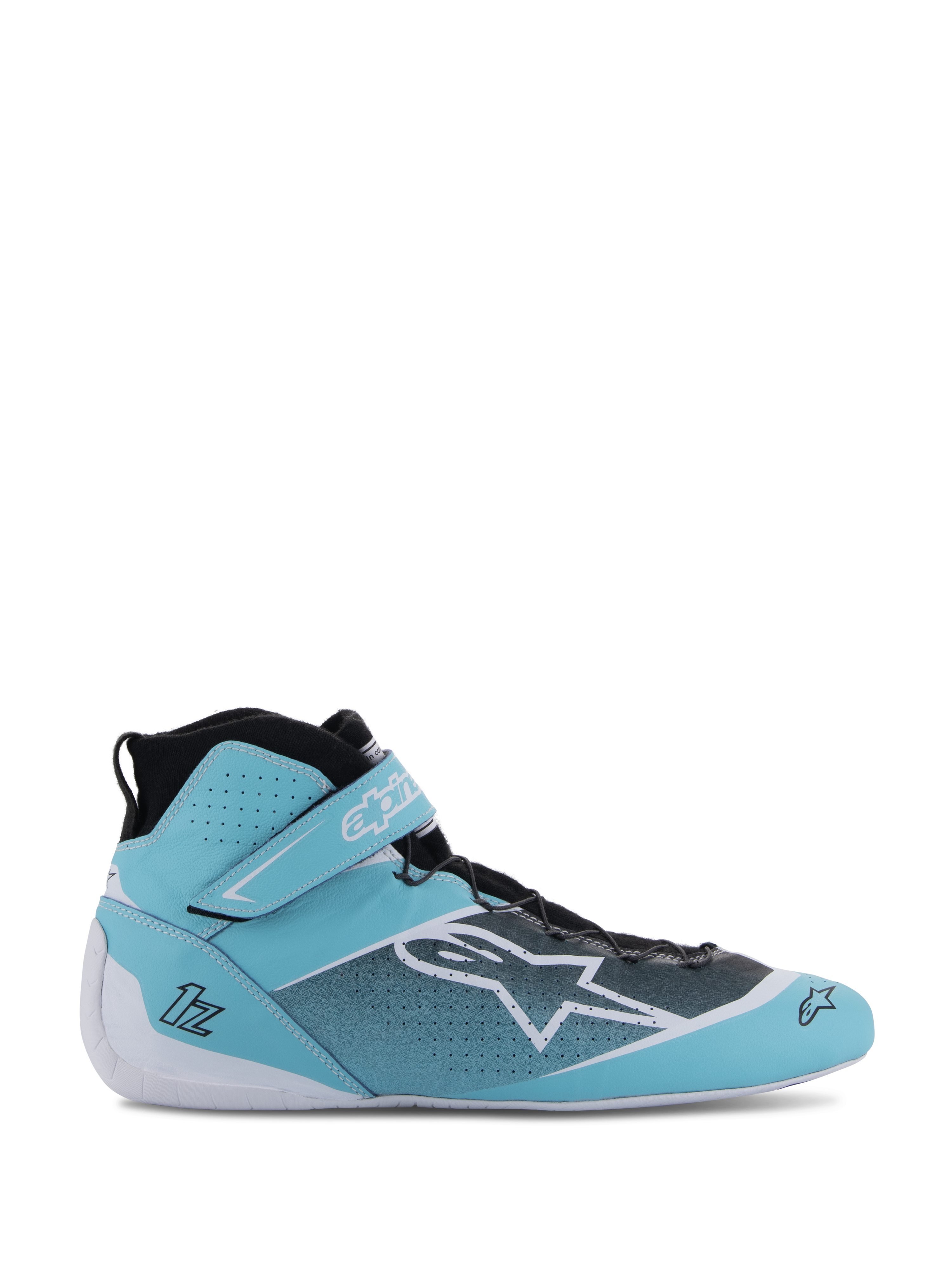 Alpinestars Tech-1 Z V3, chaussures de course FIA professionnelles, bleu sarcelle clair, blanc et noir, design montant avec sangle de cheville Velcro, tige en cuir de bovin perforé, système de laçage rapide, vue latérale montrant le logo étoile Alpinestars et l'homologation FIA