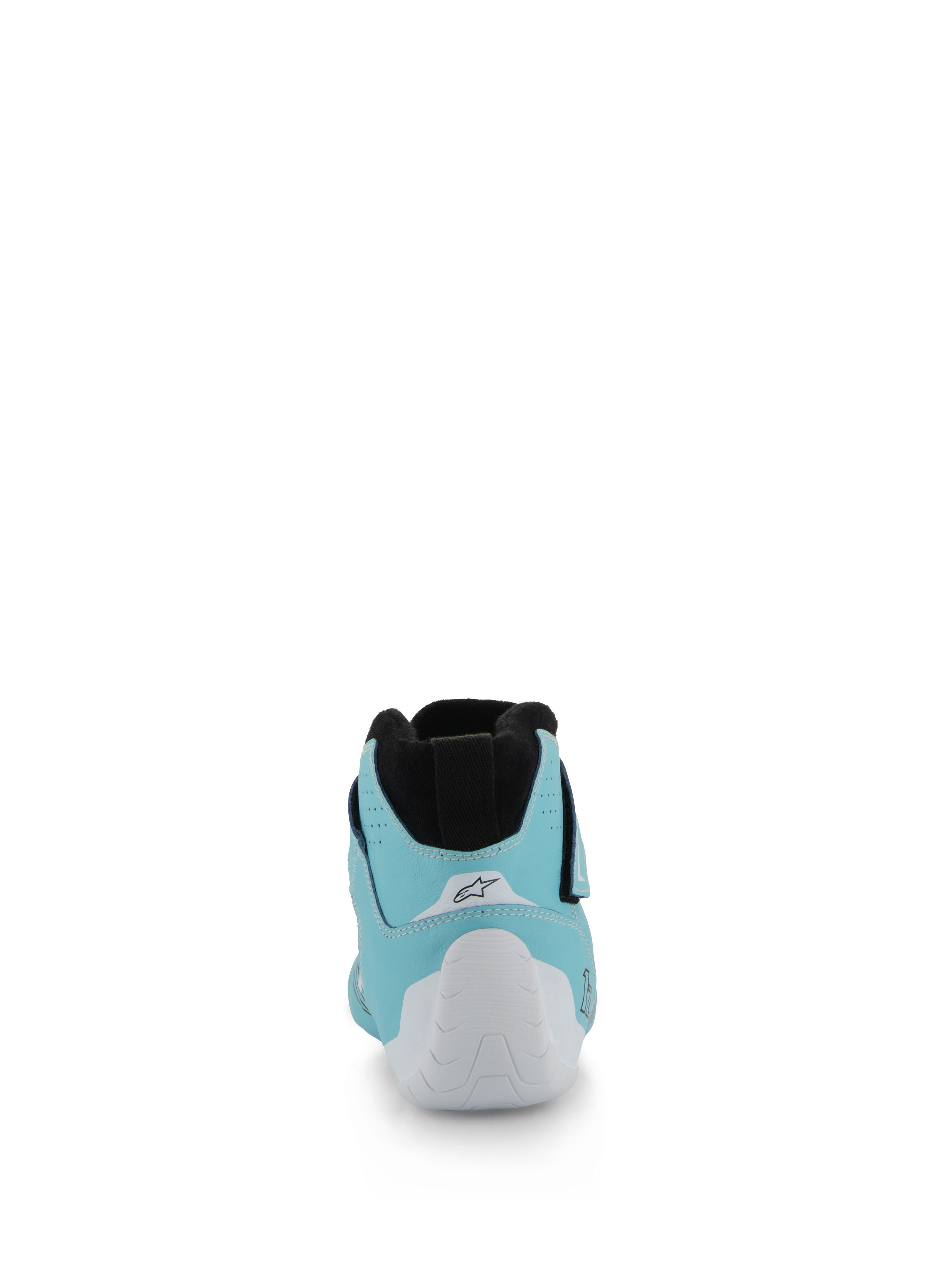 Chaussures Alpinestars Tech-1 Z V3 FIA, chaussures de course automobile, bleu sarcelle clair, blanc et noir, vue arrière montrant la coque de talon thermoformée blanche et le col extensible tricoté noir, chaussures de sport automobile professionnelles
