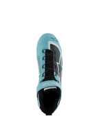 Chaussures Alpinestars Tech-1 Z V3 FIA, chaussures de course automobile, bleu sarcelle clair, blanc et noir, vue de dessus montrant le système de laçage rapide, la sangle velcro et la tige en cuir perforé, conçues pour la performance en sport automobile professionnel