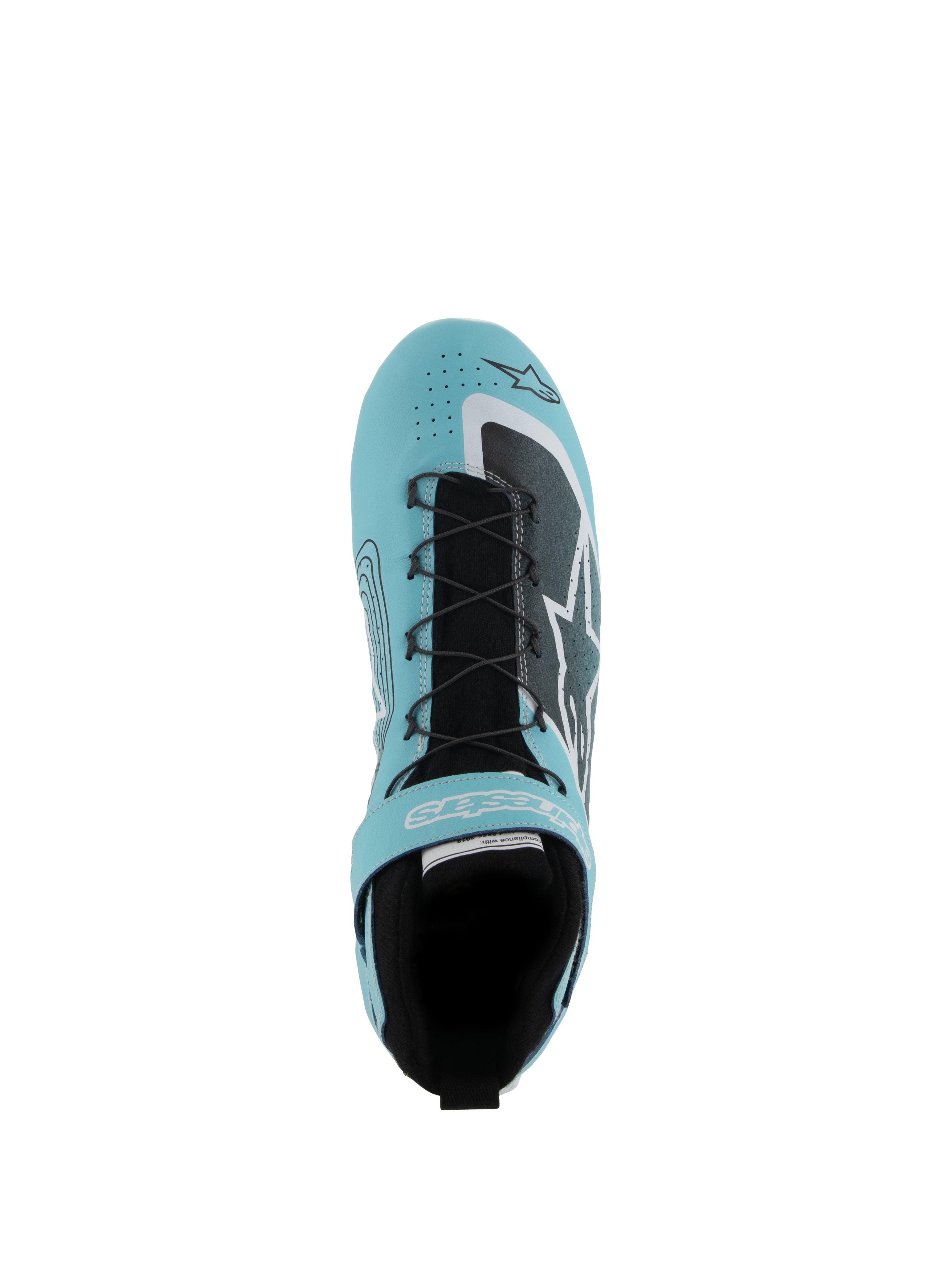 Chaussures Alpinestars Tech-1 Z V3 FIA, chaussures de course automobile, bleu sarcelle clair, blanc et noir, vue de dessus montrant le système de laçage rapide, la sangle velcro et la tige en cuir perforé, conçues pour la performance en sport automobile professionnel