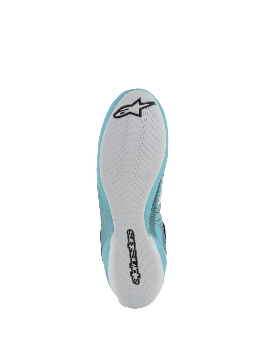 Chaussures Alpinestars Tech-1 Z V3 FIA, chaussures de course automobile, bleu sarcelle clair et blanc, vue de dessous présentant une semelle en caoutchouc blanc avec logo et lettrage Alpinestars noirs, motif de semelle asymétrique pour l'adhérence et le ressenti des pédales.