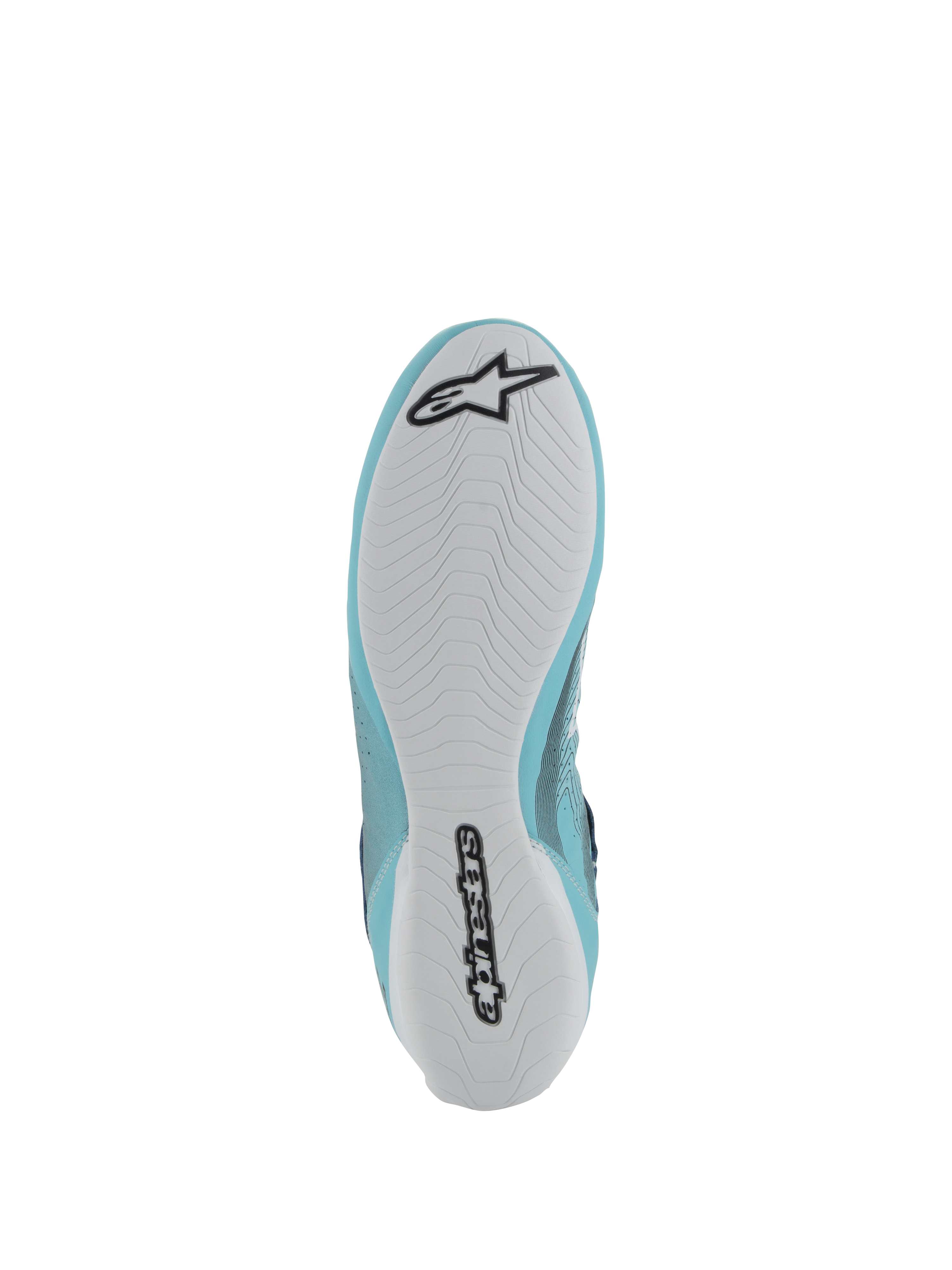 Chaussures Alpinestars Tech-1 Z V3 FIA, chaussures de course automobile, bleu sarcelle clair et blanc, vue de dessous présentant une semelle en caoutchouc blanc avec logo et lettrage Alpinestars noirs, motif de semelle asymétrique pour l'adhérence et le ressenti des pédales.