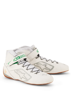 Chaussures Alpinestars Tech-1 Z V3 FIA, chaussures de course blanc, vert, gomme et argent, tige en cuir bovin perforé, système de laçage rapide avec sangle à logo vert, semelle fine en caoutchouc gomme pour une meilleure sensation des pédales, chaussures de sport automobile professionnelles