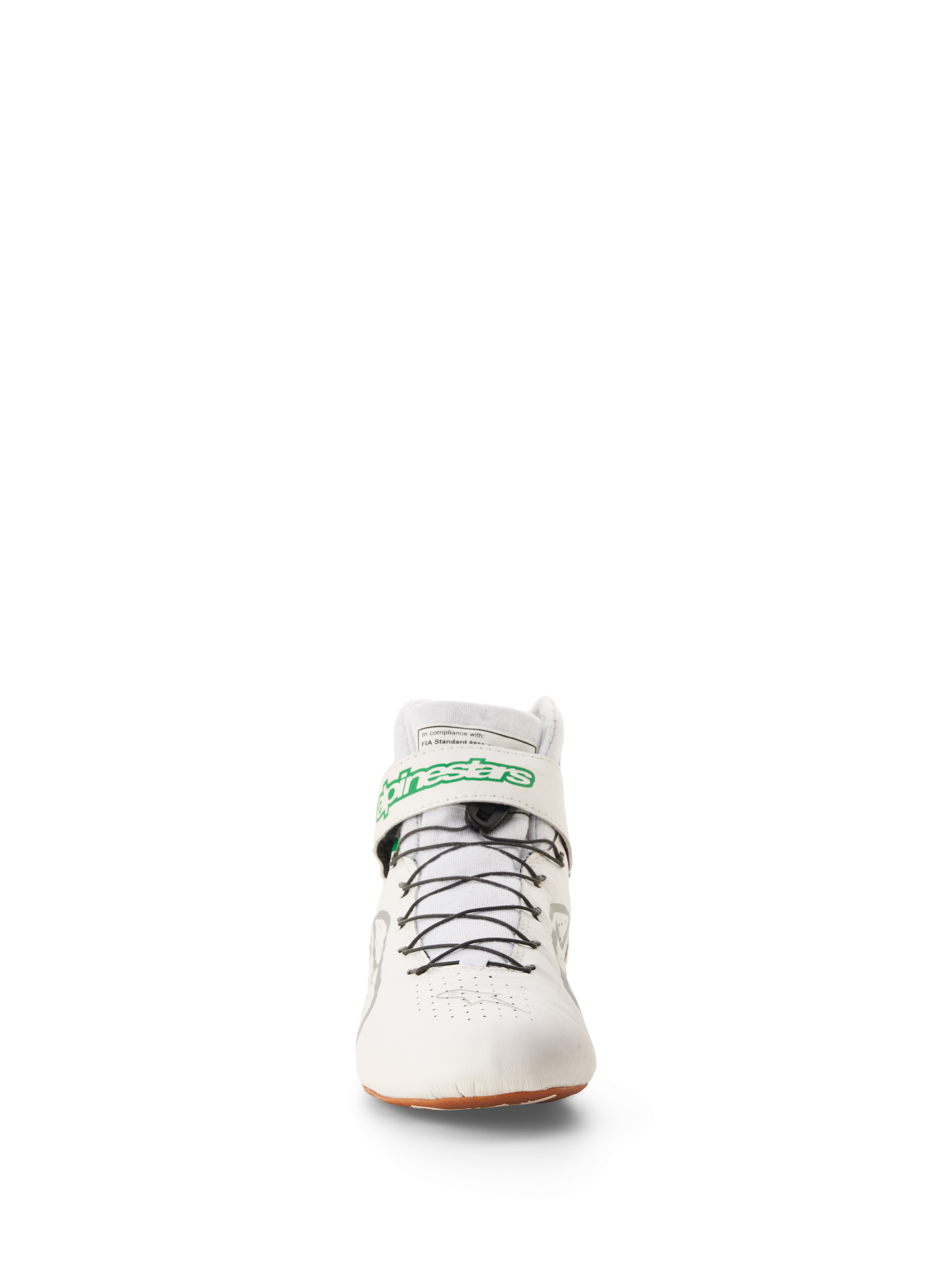 Chaussures Alpinestars Tech-1 Z V3 FIA, chaussures de course et de karting, blanc, vert, gomme et argent, vue de face présentant le logo Alpinestars vert sur la sangle de cheville, le système de laçage rapide noir et la semelle en caoutchouc gomme, chaussures de sport automobile professionnelles