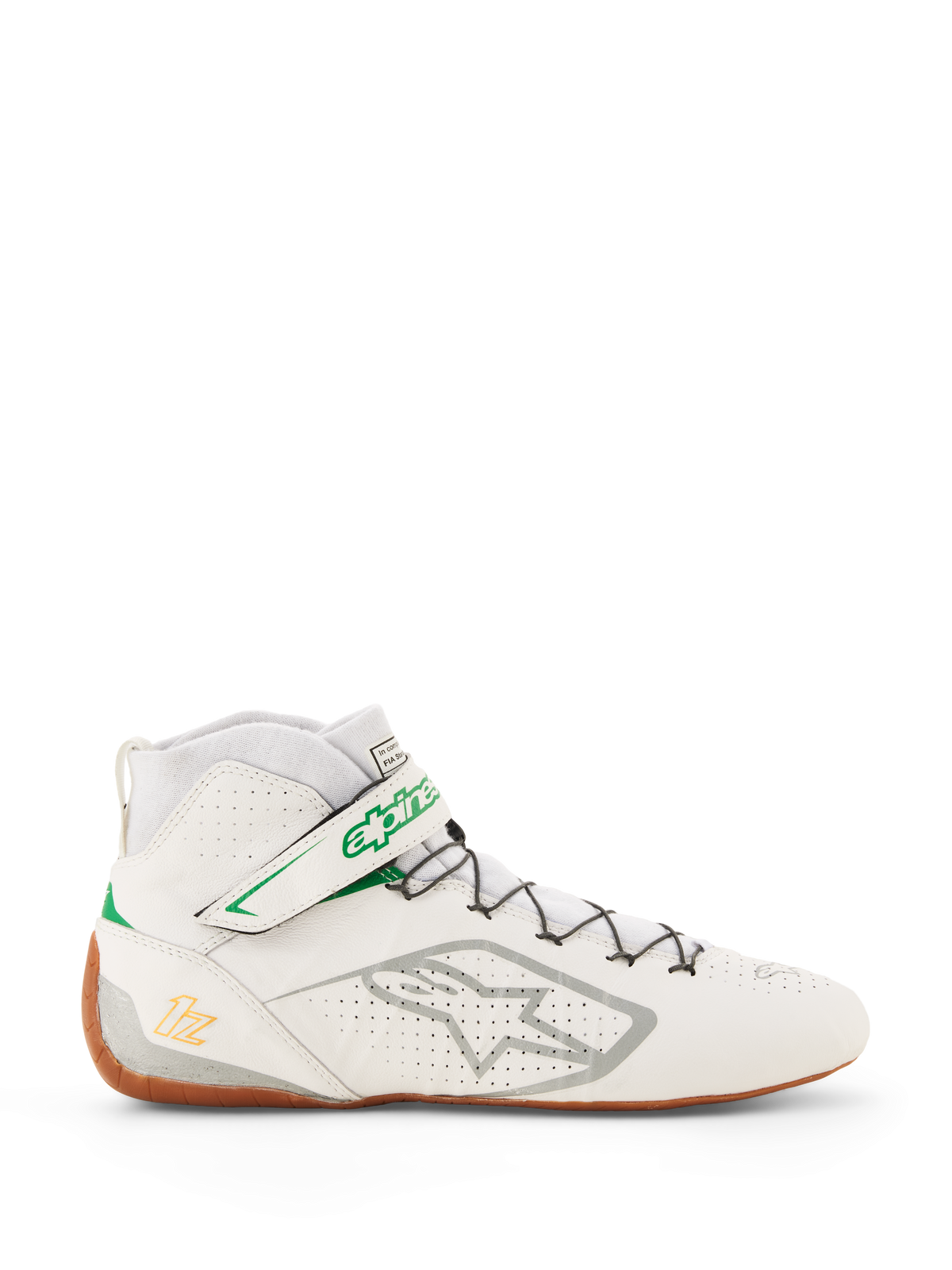 Alpinestars Tech-1 Z V3 Shoes FIA, Karting and Auto Racing Shoes, White with Green and Gum accents, side view featuring silver Alpinestars logo, perforated leather upper, high-top silhouette with speed lacing, professional motorsport design