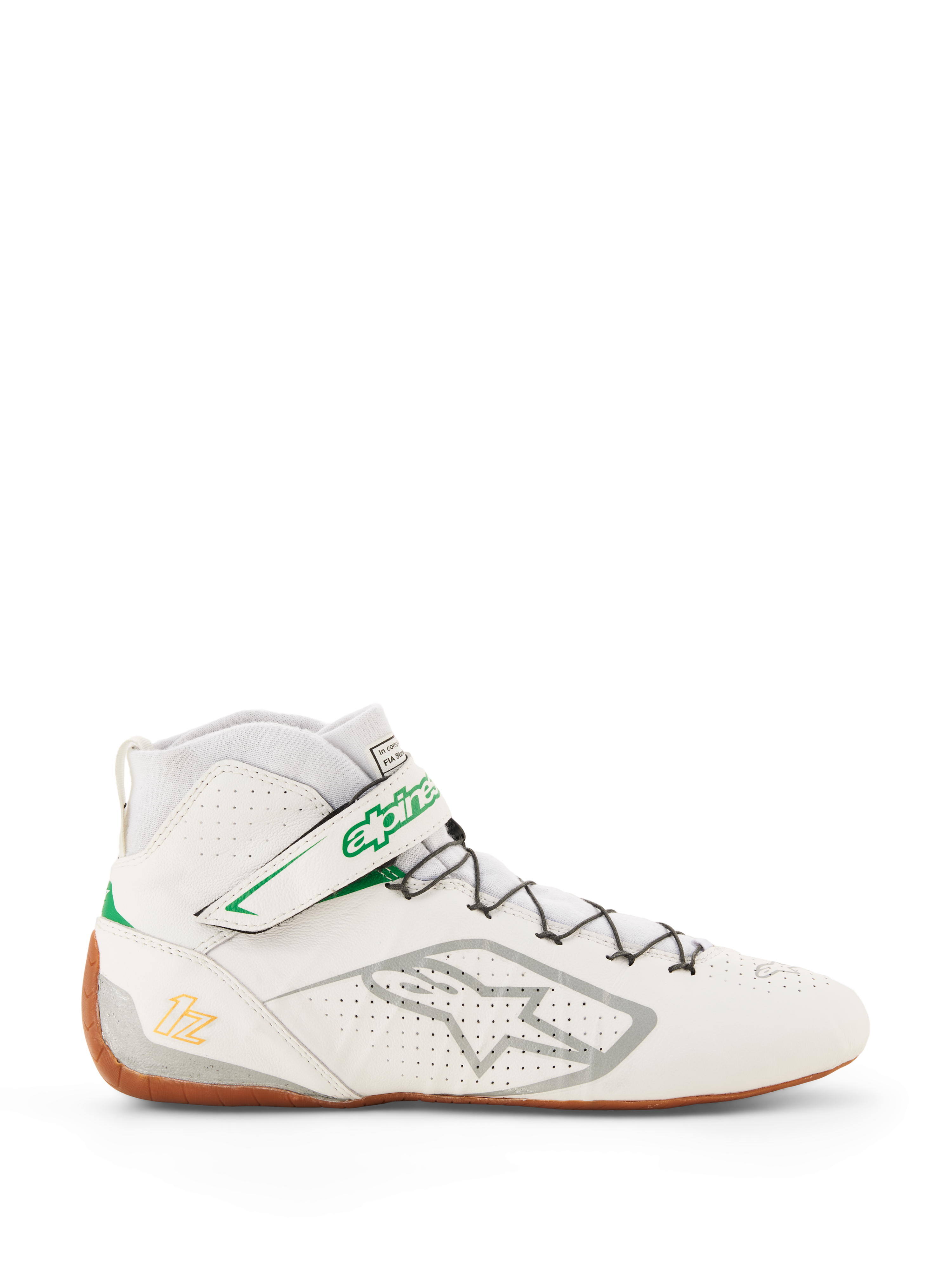 Chaussures Alpinestars Tech-1 Z V3 FIA, chaussures de karting et de course automobile, blanches avec accents verts et gomme, vue latérale avec logo Alpinestars argenté, tige en cuir perforé, silhouette montante avec laçage rapide, design professionnel pour le sport automobile
