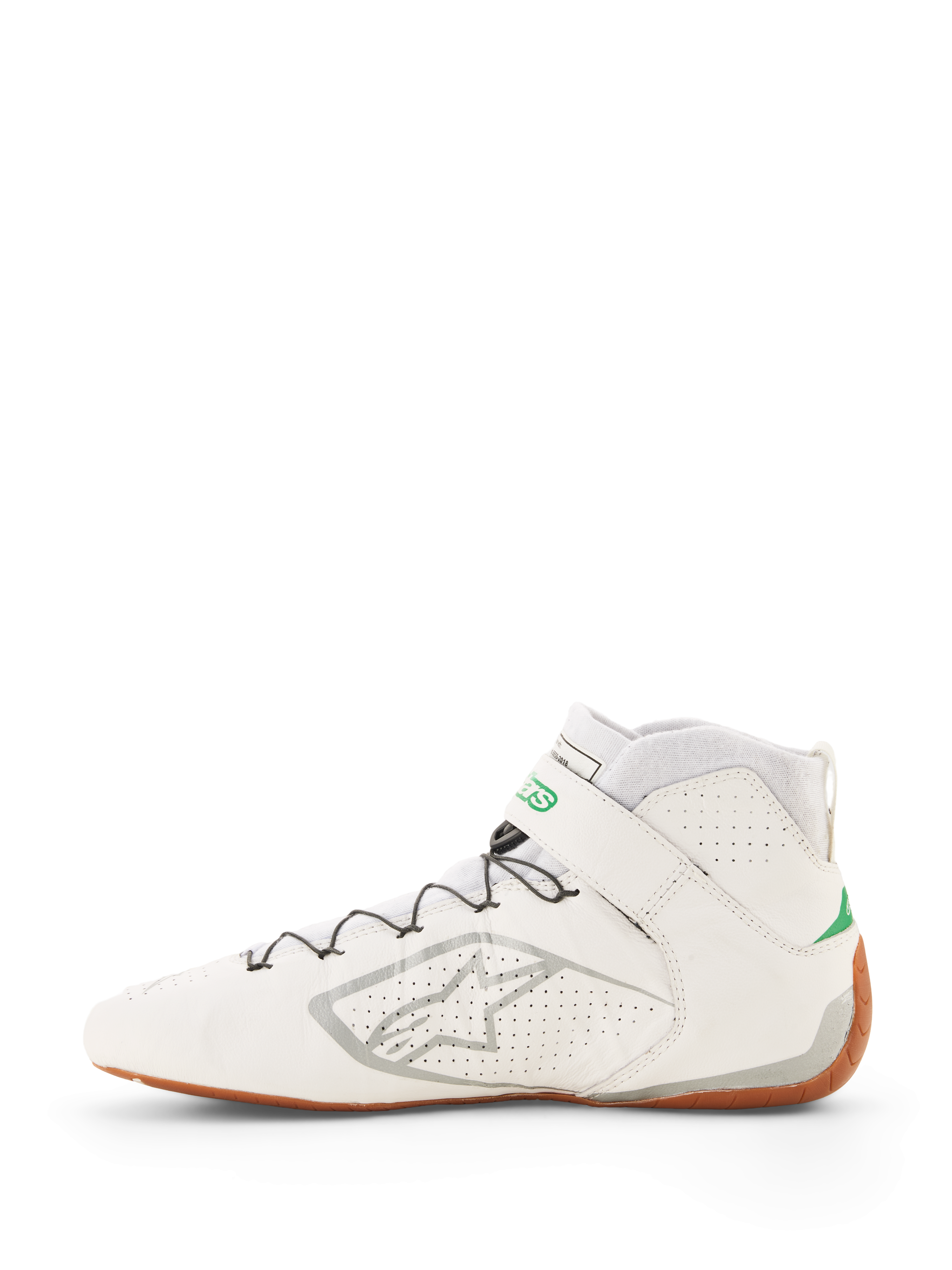 Chaussures Alpinestars Tech-1 Z V3 FIA, chaussures de course blanches avec des accents verts et argentés, semelle gomme, design montant en cuir perforé, système de laçage rapide avec support en fil métallique, logo Alpinestars argenté sur le côté