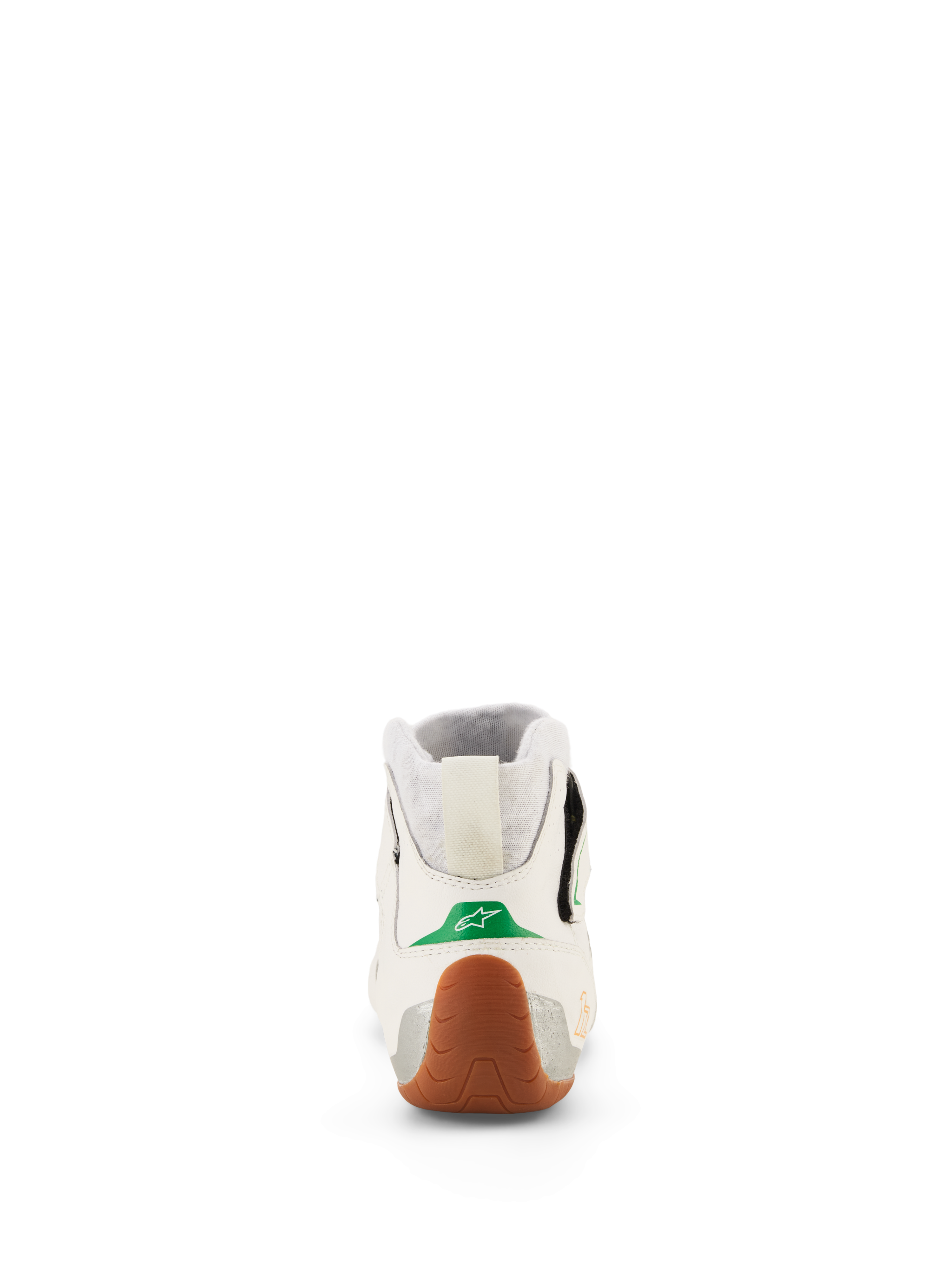 Chaussures Alpinestars Tech-1 Z V3 FIA, chaussures de karting et de course automobile, Blanc Vert Gomme Argent, vue arrière présentant l'accent vert au talon avec un logo étoile blanc, semelle en caoutchouc gomme texturé enveloppant le talon, panneaux latéraux argentés et col en tricot extensible.
