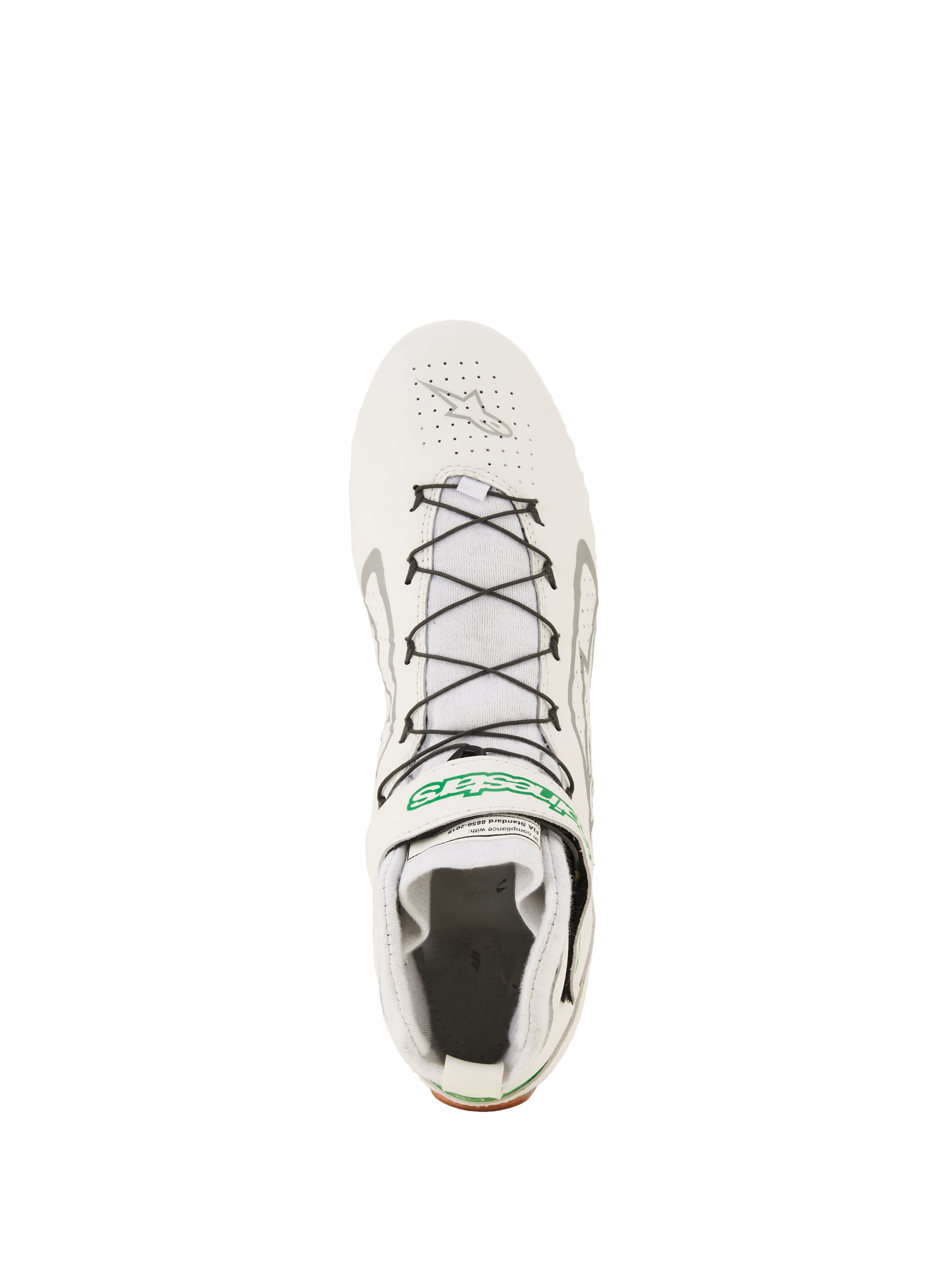 Chaussures Alpinestars Tech-1 Z V3 FIA, chaussures de course automobile professionnelles, blanc, vert et argent, vue de dessus présentant un laçage rapide noir avec support en fil métallique, une tige en cuir perforé et le logo Alpinestars vert sur la sangle