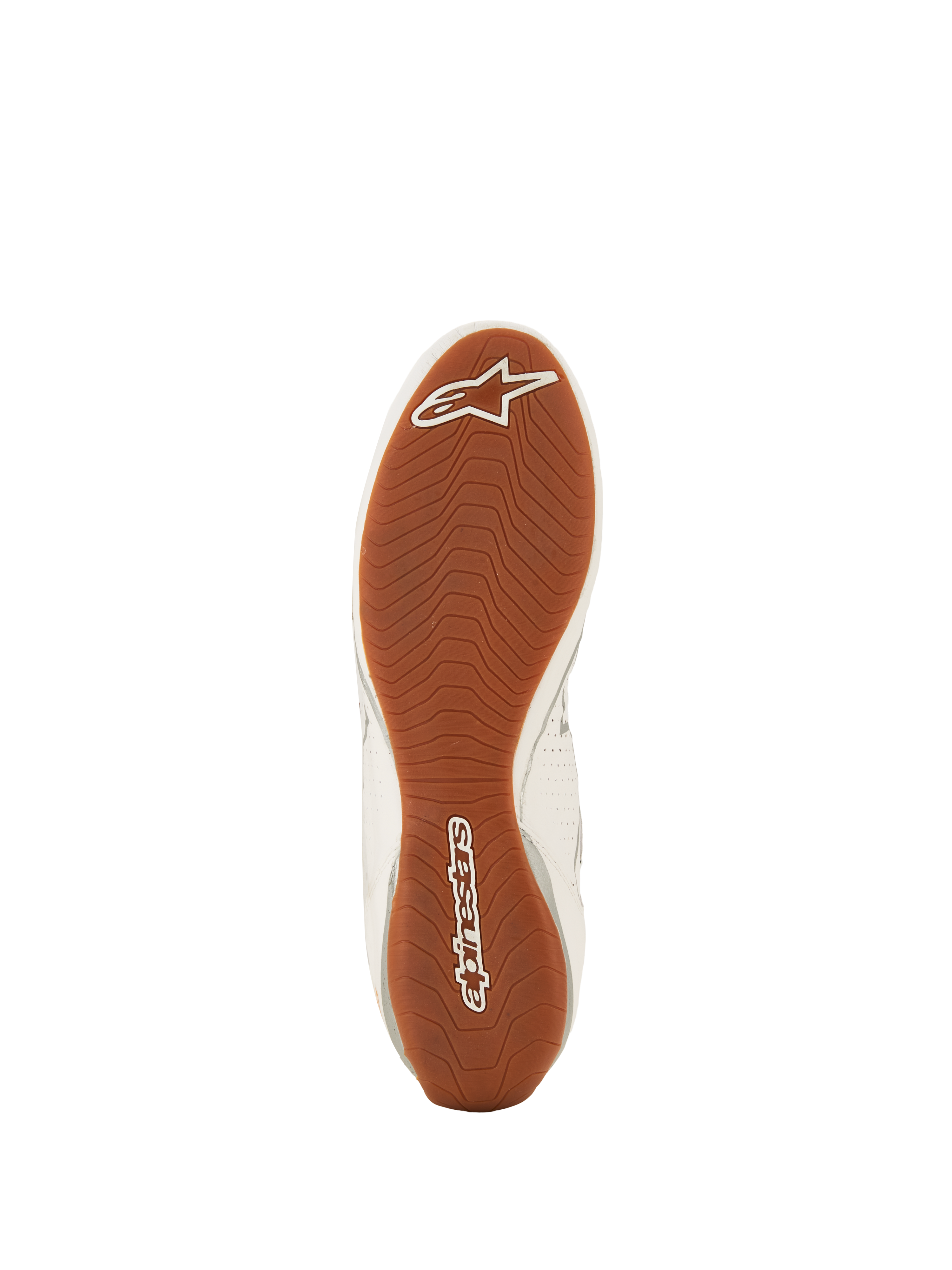 Chaussures Alpinestars Tech-1 Z V3 FIA, chaussures de course automobile, Blanc Vert Gomme Argent, vue de dessous de la semelle extérieure en caoutchouc texturé, motif de bande de roulement asymétrique avec marquage Alpinestars blanc sur la pointe et le talon