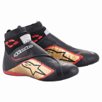 Alpinestars Supermono V2 FIA, chaussures de course automobile, noir, or et rouge, construction en cuir ultra-léger, avec logo étoile dorée aux contours rouges, col élastique type chaussette et fermeture par bride auto-agrippante