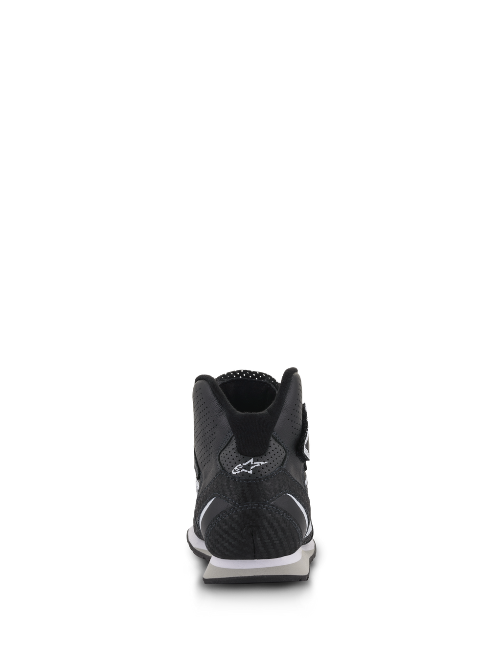 Chaussures Alpinestars Radar, chaussures pour équipes de stand de course automobile, noir et blanc, vue arrière mettant en évidence le talon en cuir de carbone renforcé avec logo Astars blanc, panneaux en cuir perforé et col ergonomique à coupe basse