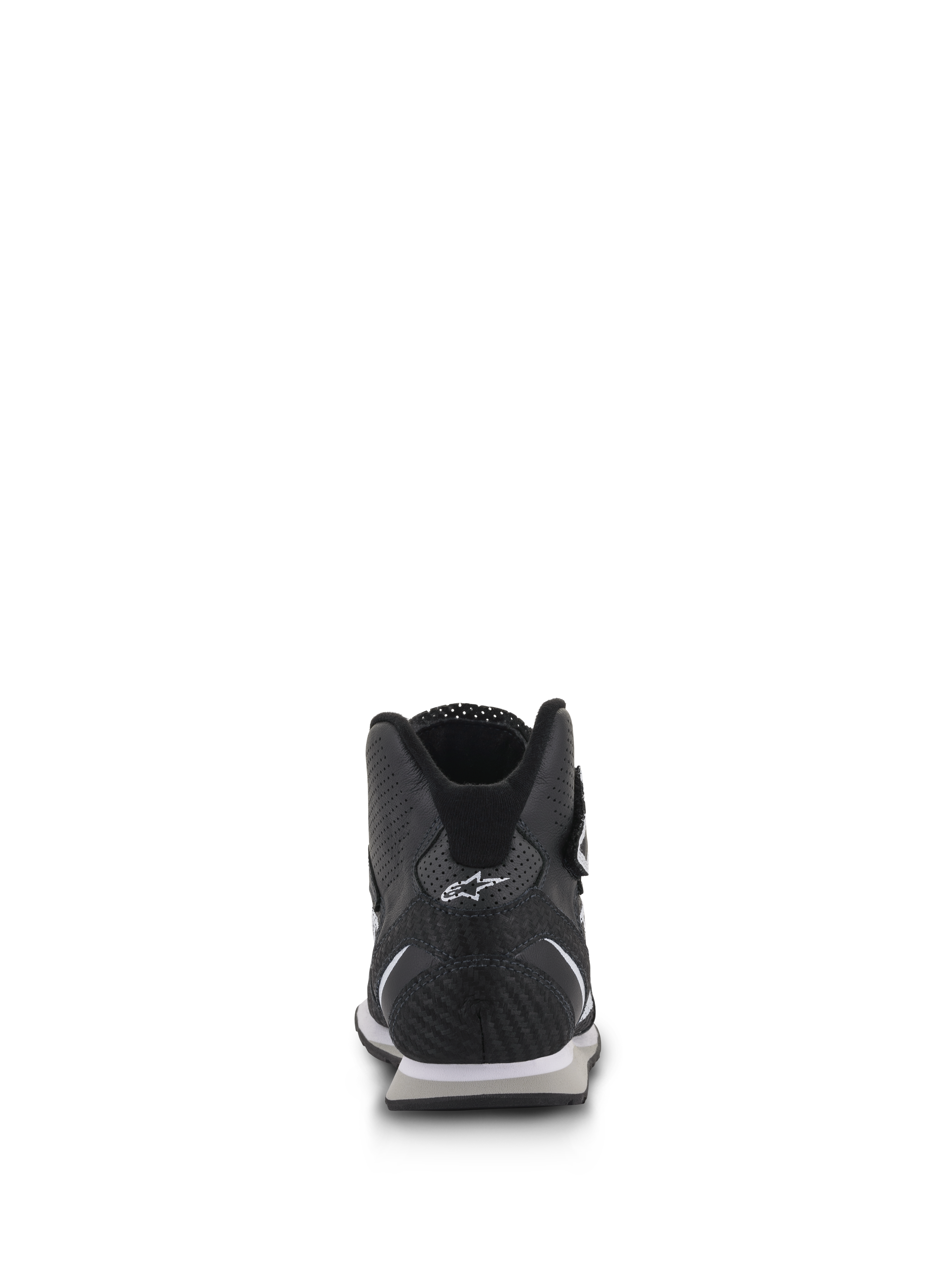 Chaussures Alpinestars Radar, chaussures pour équipes de stand de course automobile, noir et blanc, vue arrière mettant en évidence le talon en cuir de carbone renforcé avec logo Astars blanc, panneaux en cuir perforé et col ergonomique à coupe basse