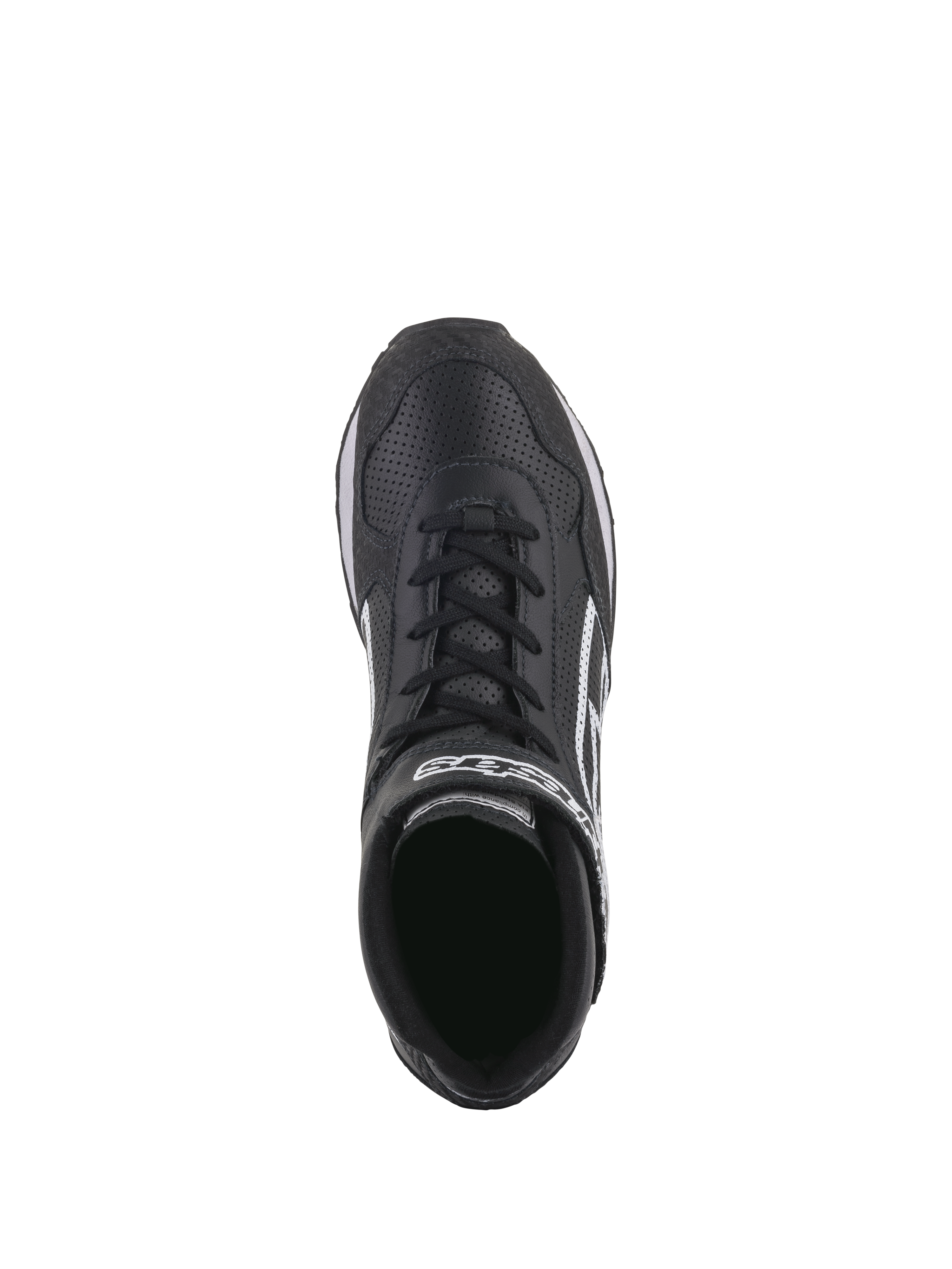 Chaussures Alpinestars Radar, chaussures pour équipe de stand de course automobile, noir et blanc, vue de dessus mettant en évidence la tige en cuir perforé, système de fermeture double avec lacets et sangle velcro, logo Alpinestars blanc, conception robuste pour les arrêts aux stands professionnels
