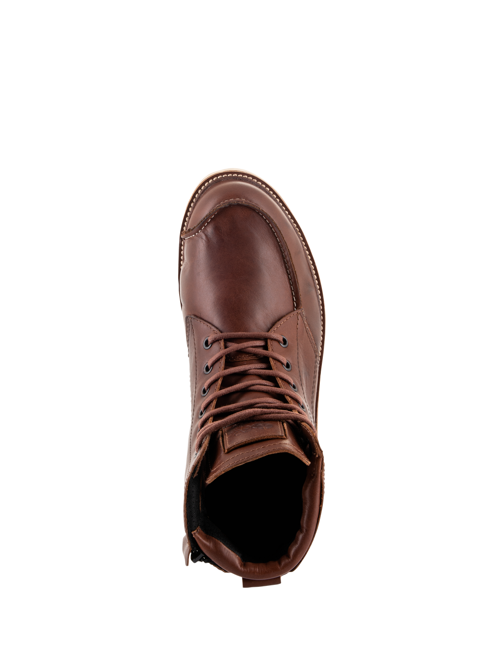 Alpinestars Oscar Monty V2 Shoes, Brown Motorcycle Riding Shoes, top-down view showing full-grain leather construction, moc toe stitching, and brown laces, heritage-inspired urban footwear