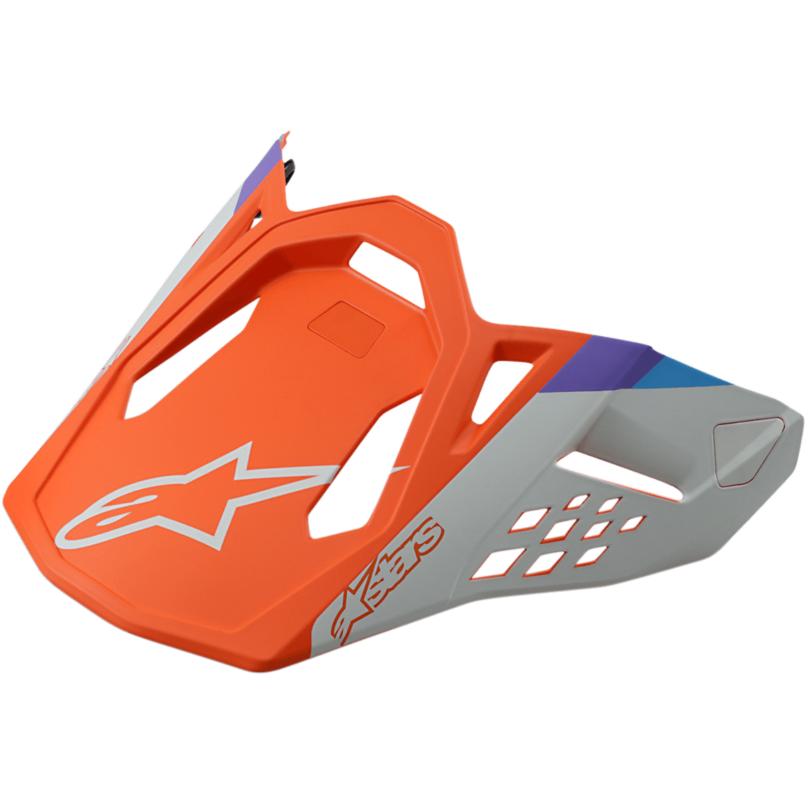 Visière de casque Alpinestars S-M8 Contact, visière de rechange pour casque de motocross, orange mat et gris avec accents bleus et violets, design angulaire avec découpes de ventilation, logo étoile blanche et lettrage Astars