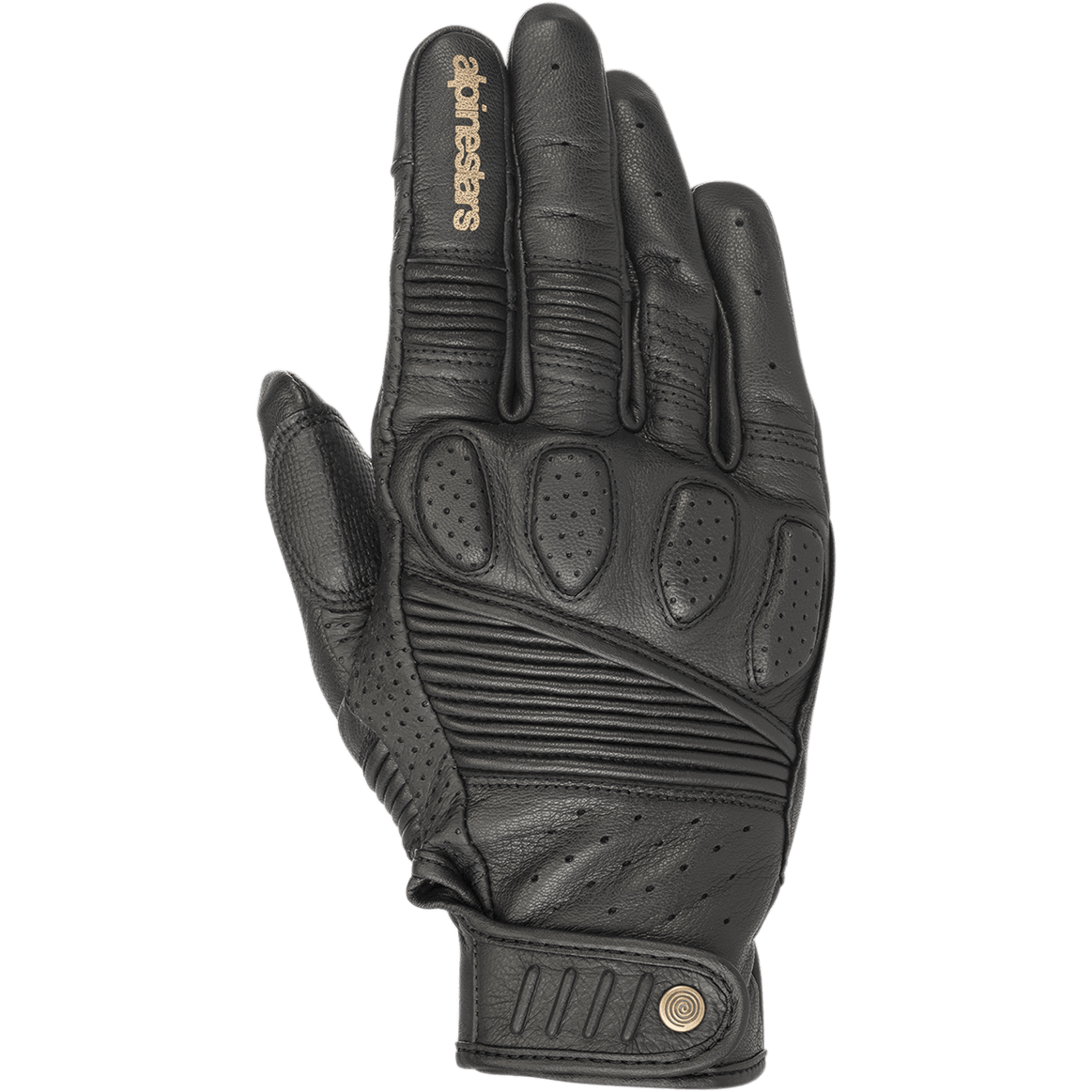 Alpinestars Crazy Eight Handschuhe, schwarze Motorradhandschuhe aus Leder, Akkordeon-Stretcheinsätze an den Fingern und am Handrücken, perforierte Knöchelpolsterung, hellbraunes Alpinestars-Logo auf dem Zeigefinger, verstellbarer Klettverschluss am Handgelenk mit kreisförmigem Logo-Detail.