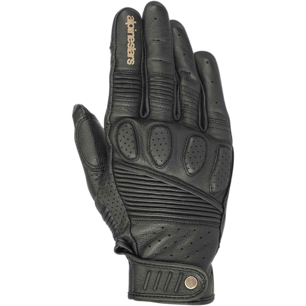 Alpinestars Crazy Eight handschoenen, zwarte lederen motorhandschoenen, accordeon stretchpanelen op de vingers en handrug, geperforeerde knokkelpadding, beige Alpinestars logo op de wijsvinger, verstelbare klittenband polssluiting met rond logo-detail