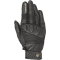 Alpinestars Crazy Eight handschoenen, zwarte lederen motorhandschoenen, accordeon stretchpanelen op de vingers en handrug, geperforeerde knokkelpadding, beige Alpinestars logo op de wijsvinger, verstelbare klittenband polssluiting met rond logo-detail