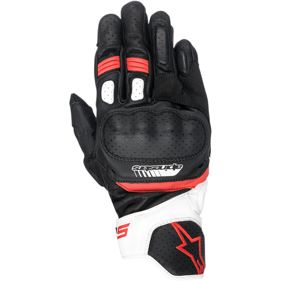 Alpinestars SP-5 Handschuhe, Motorrad-Rennsport-Handschuhe, Schwarz, Weiß und Rot, mit perforiertem Leder-Knöchelschutz, kurzer Manschette mit weißen und roten Akzenten, Alpinestars Logo-Branding, ergonomisches Design für sportliches Fahren