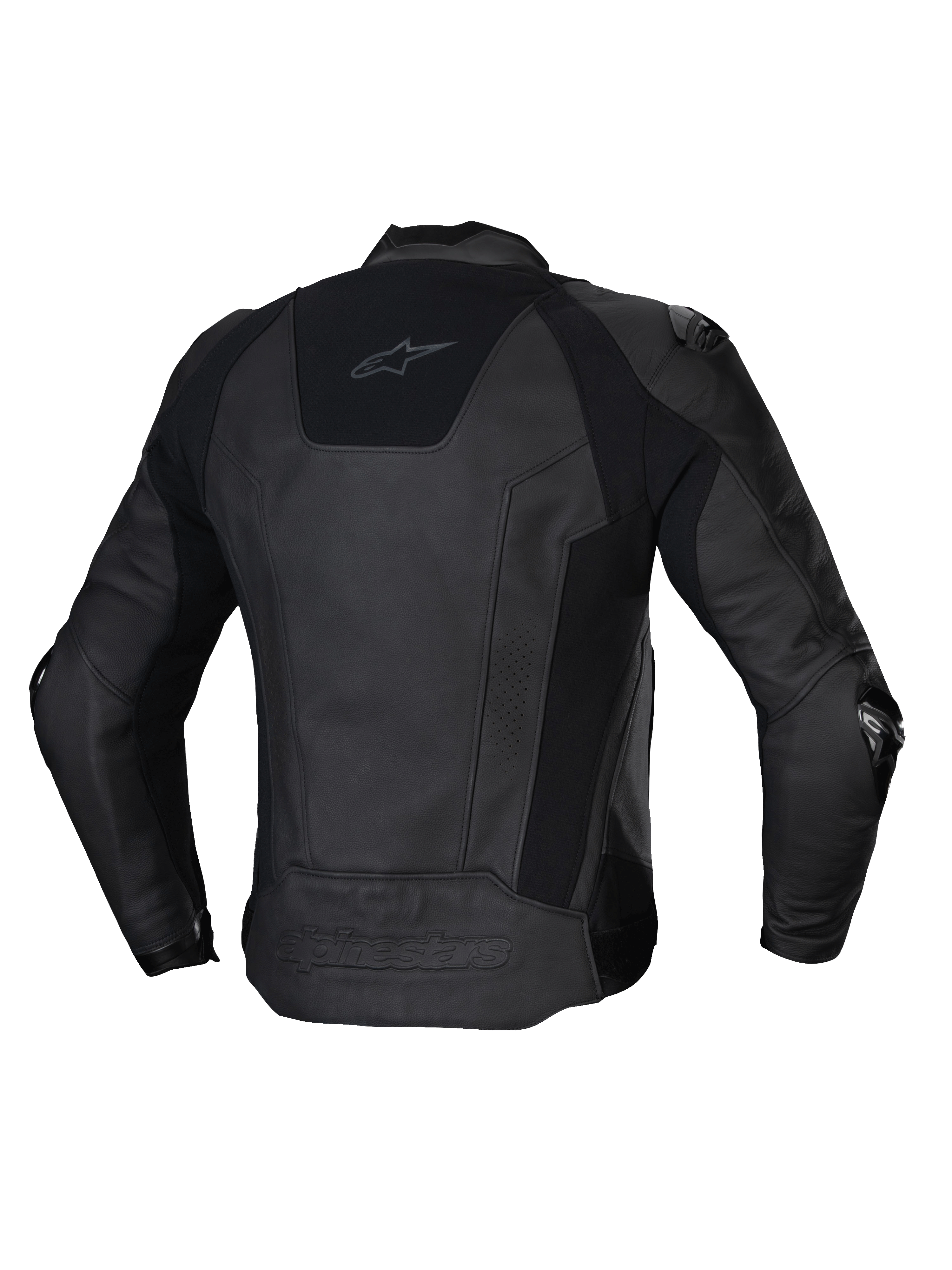 Alpinestars Veste En Cuir Missile V3, blouson de moto racing pour homme, vue de dos en noir, en cuir bovin premium avec panneaux stretch et certification CE