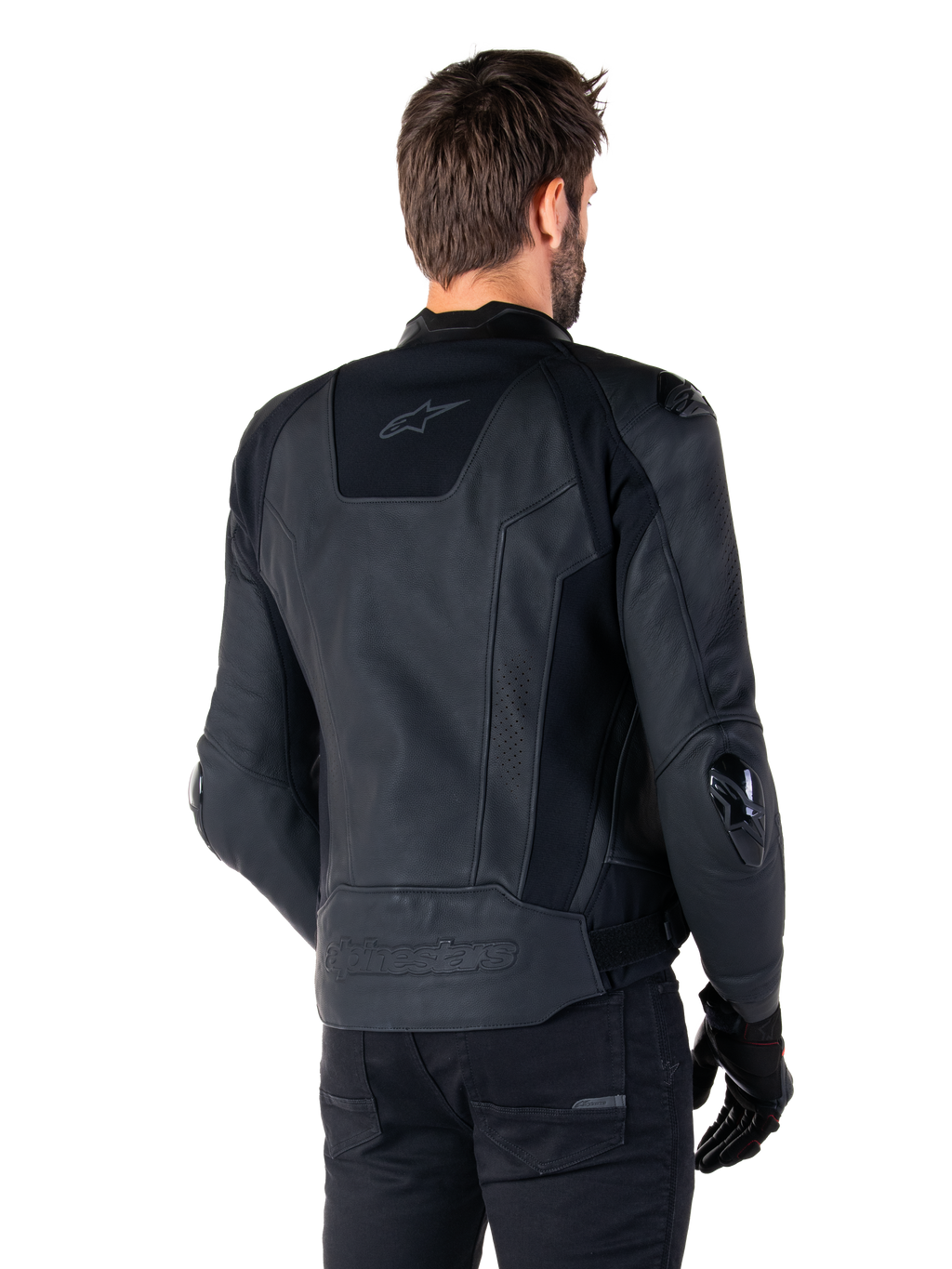 Veste en cuir Alpinestars Missile V3, Noir, vue de dos sur modèle, veste de sport de course haut de gamme en cuir, avec logo Alpinestars embossé en bas du dos et sliders de coude en TPU