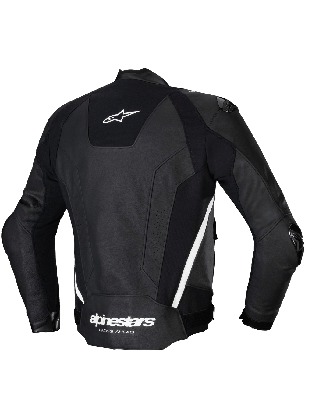 Alpinestars Missile V3 Leren Jas, heren motorracingjas, achteraanzicht in zwart en wit, met premium rundleerconstructie, stretchpanelen en externe schouderbescherming