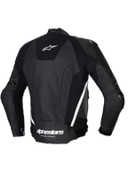 Alpinestars Missile V3 Leren Jas, heren motorracingjas, achteraanzicht in zwart en wit, met premium rundleerconstructie, stretchpanelen en externe schouderbescherming