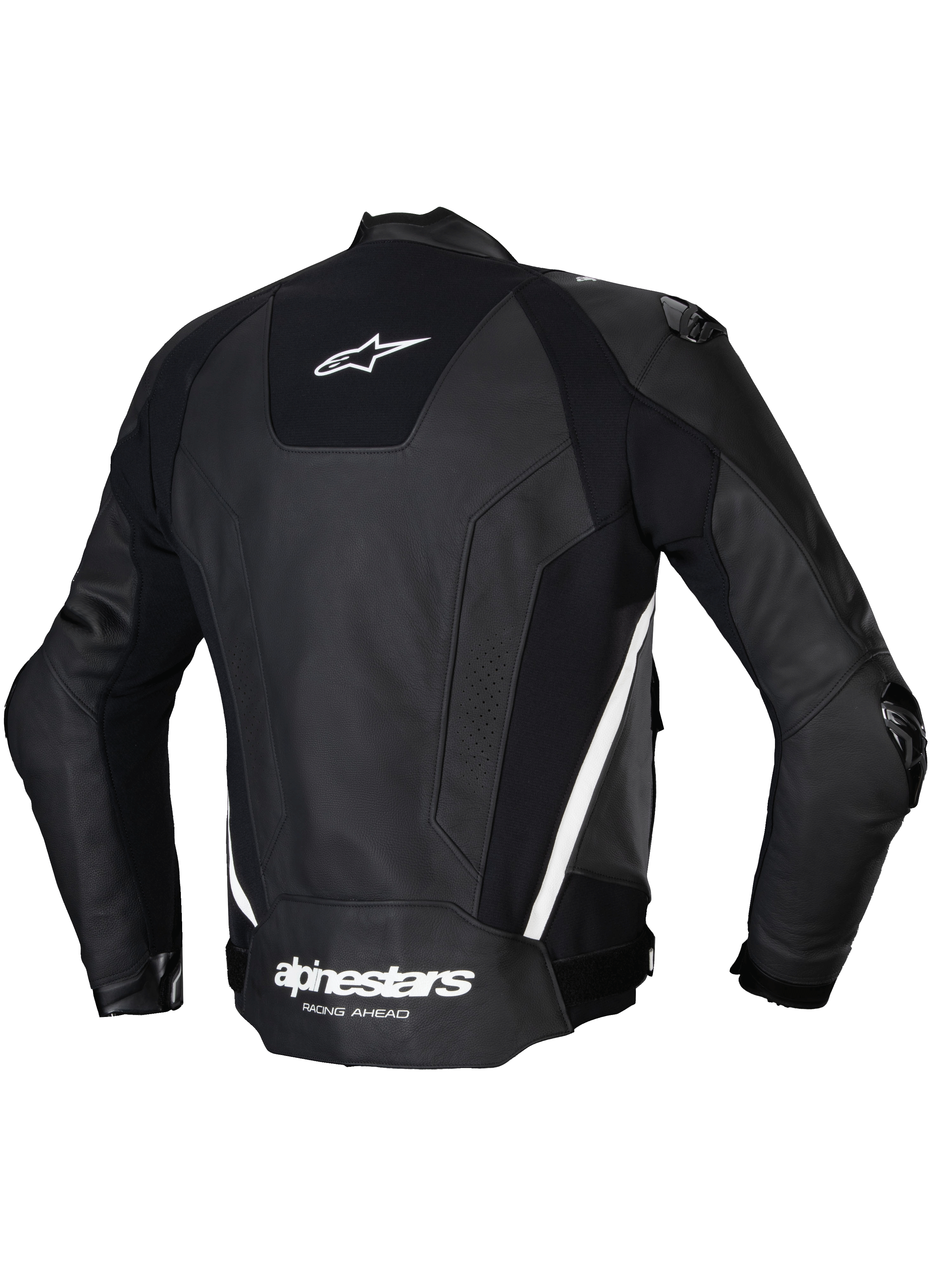 Alpinestars Missile V3 Leren Jas, heren motorracingjas, achteraanzicht in zwart en wit, met premium rundleerconstructie, stretchpanelen en externe schouderbescherming