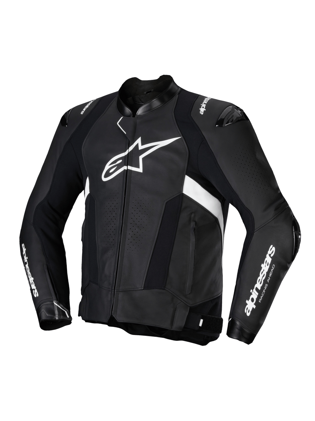 Alpinestars Missile V3 Leren Jas, heren motorracingjas, zwart en wit, premium runderleer van racekwaliteit, CE-gecertificeerd met schouder- en elleboogbescherming